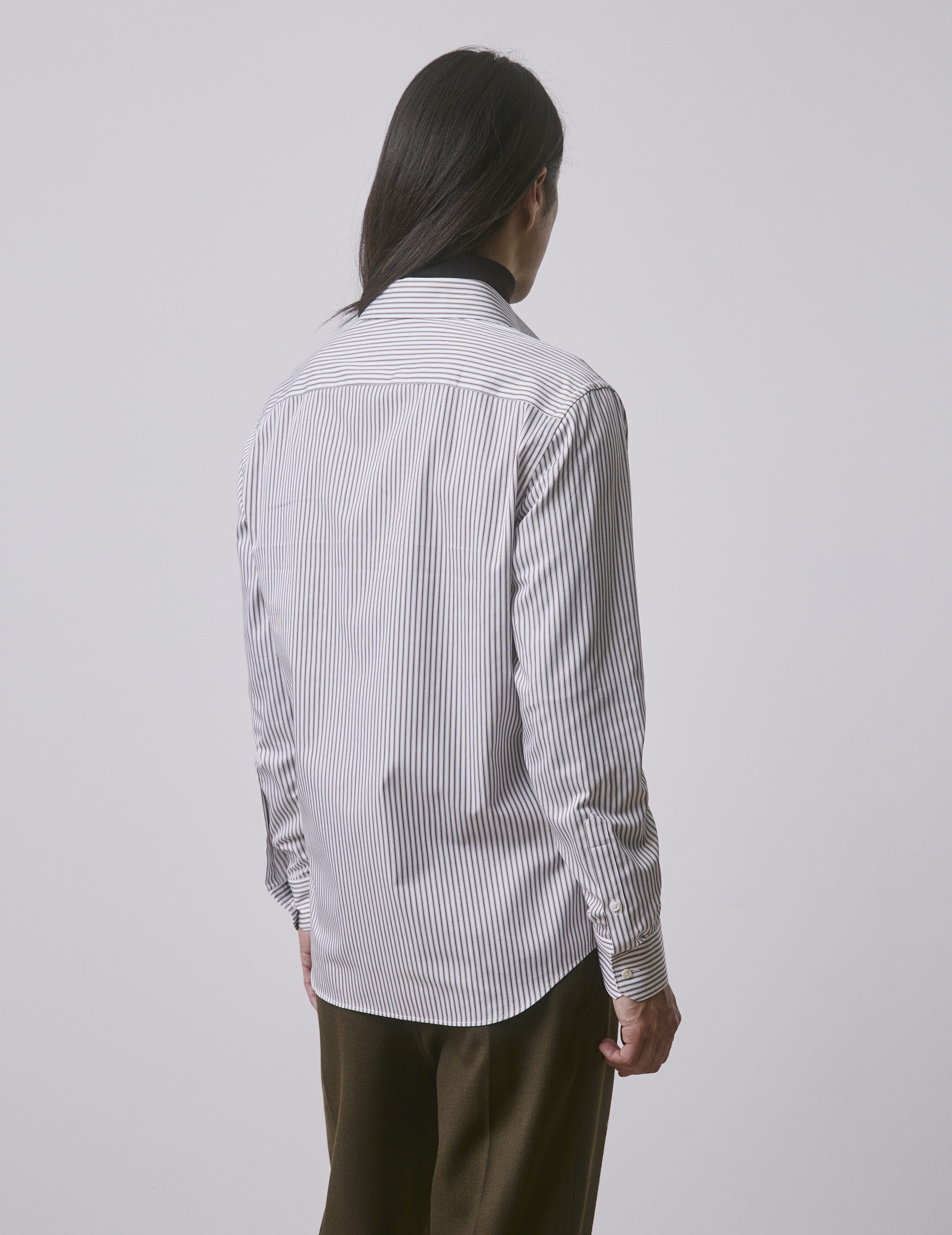 Chemise semi-ajustée rayée marron - Satin - Col Figaret