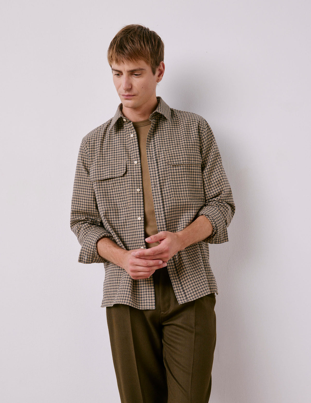 Chemise Florian en flanelle à carreaux beige - Flanelle - Col Français