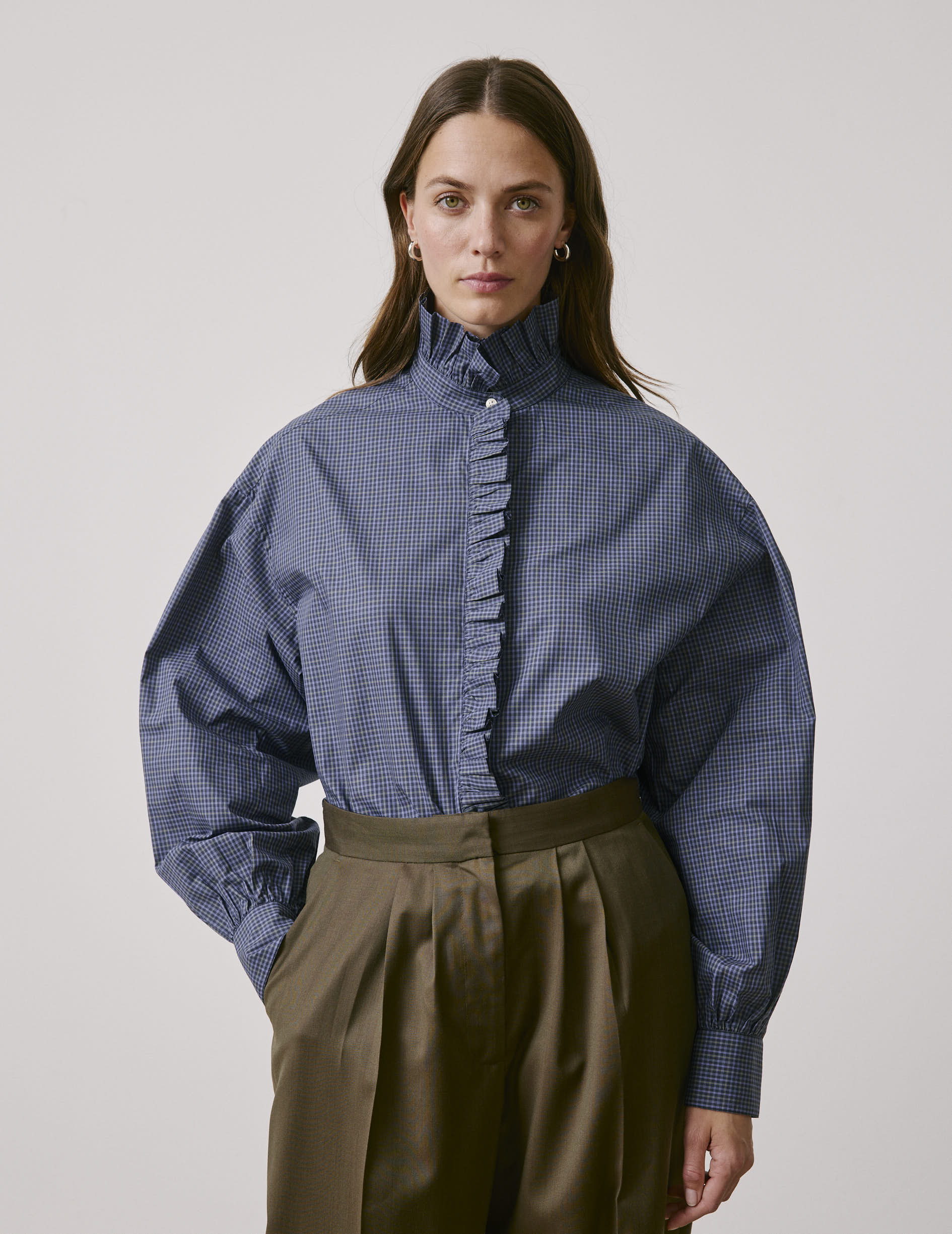 Chemise Greta à carreaux bleus - Popeline - Col Victorien