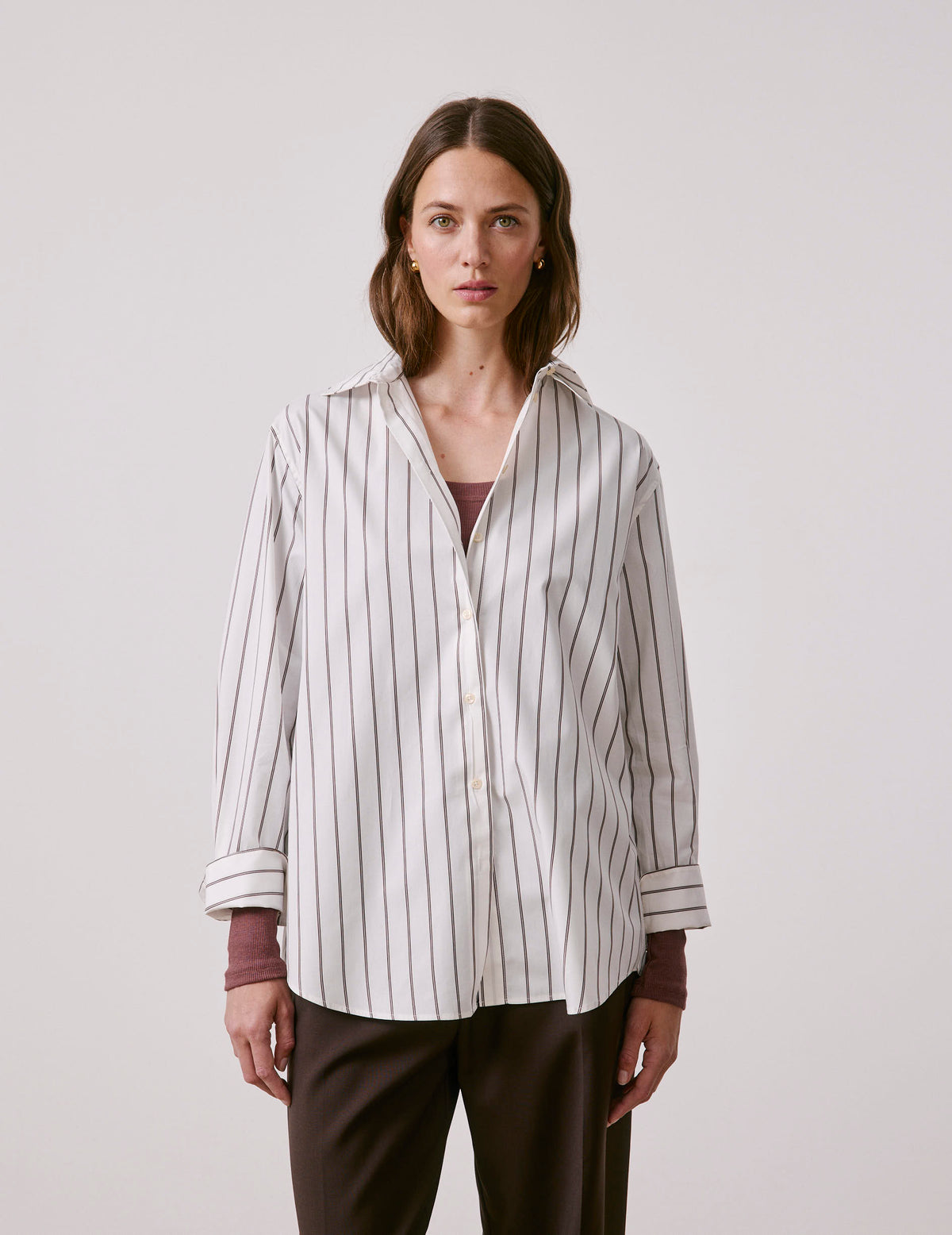 Chemise Mathilde rayée marron - Popeline - Col Chemise