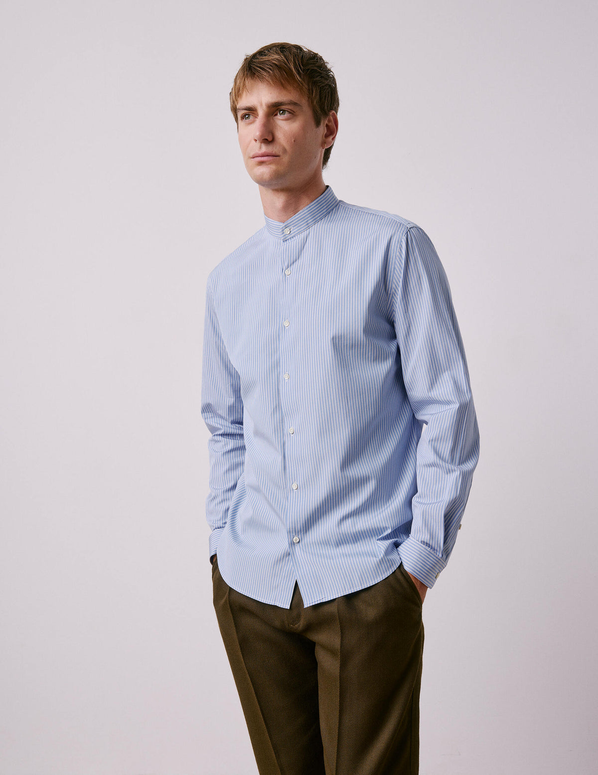Chemise Herwin rayée bleue - Popeline - Col Officier