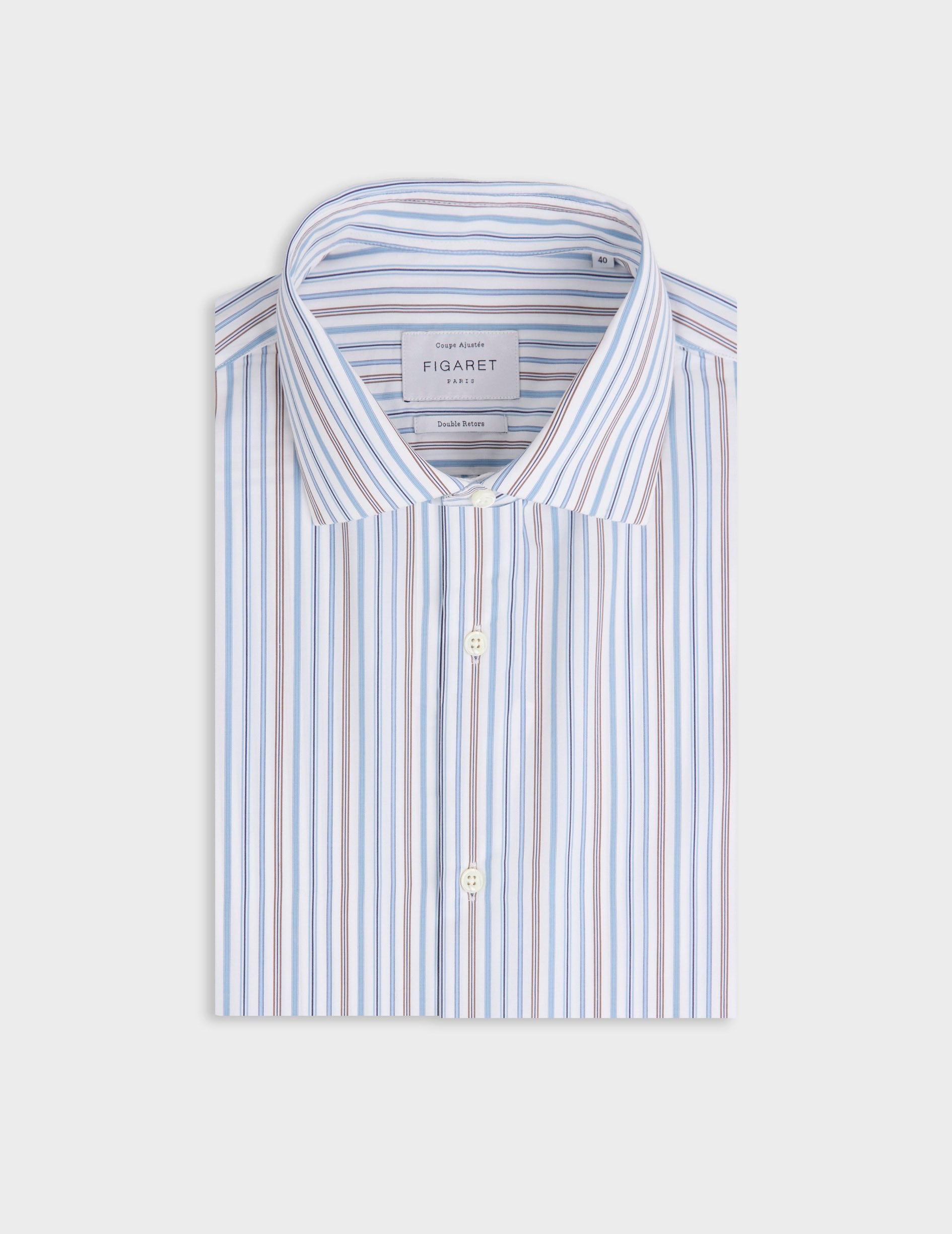 Chemise ajustée rayée bleue - Popeline - Col Italien