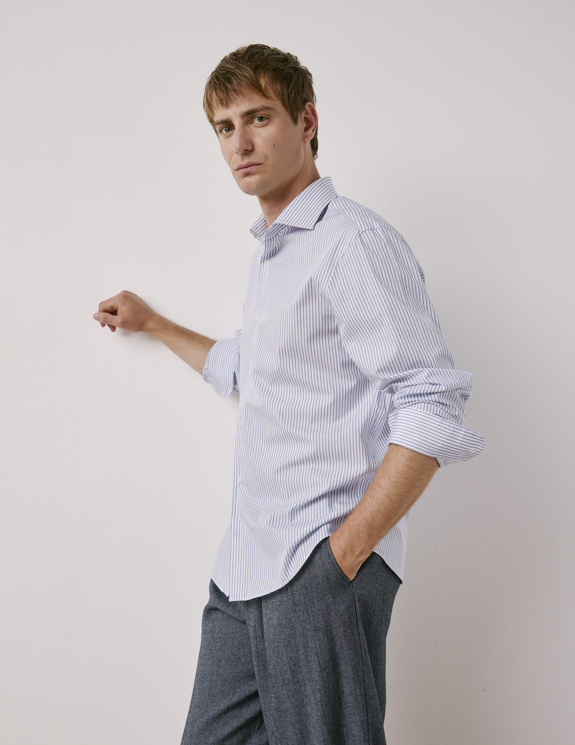 Semi-fitted blue striped shirt - Poplin - Italian Collar
