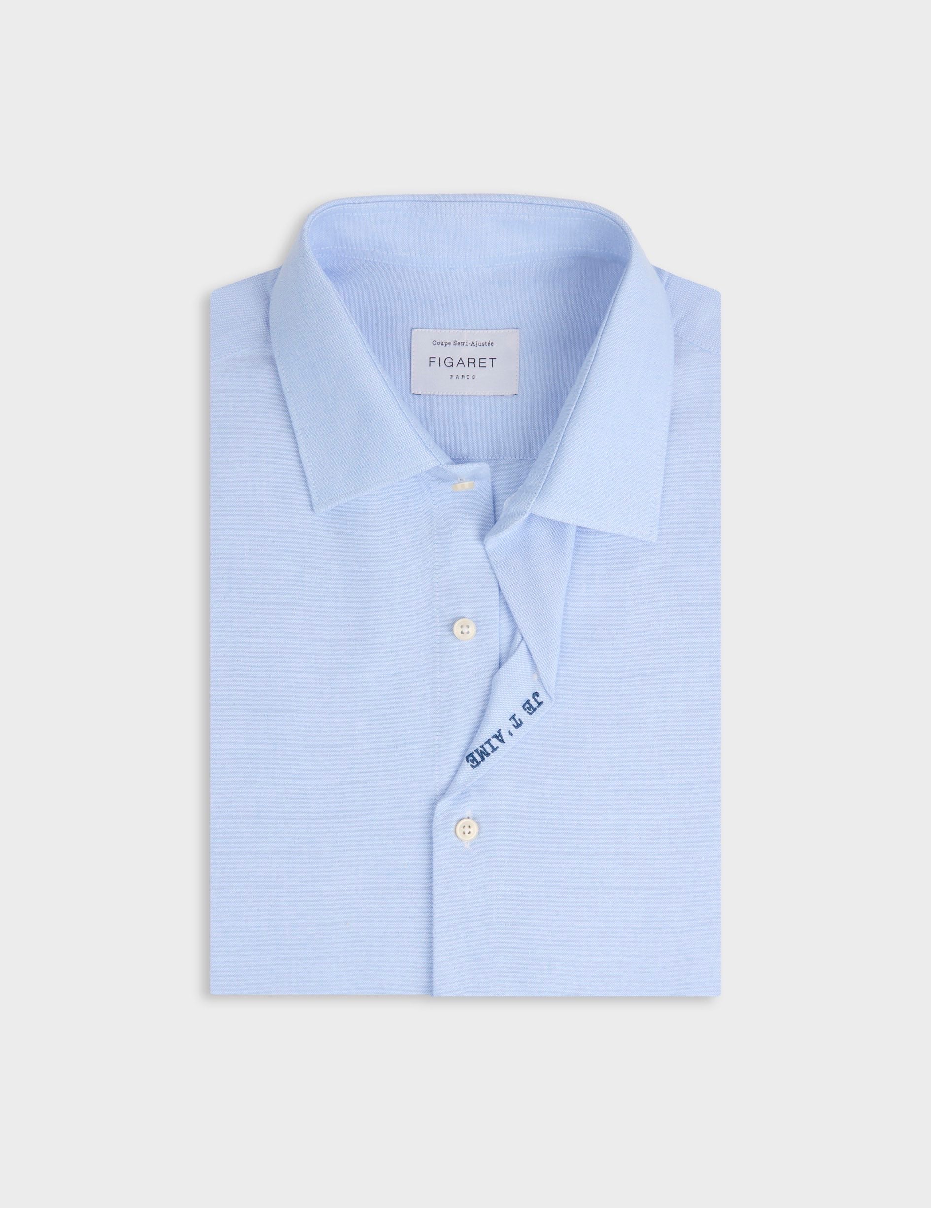 Chemise mixte "Je t'aime" bleue - Oxford - Col Figaret