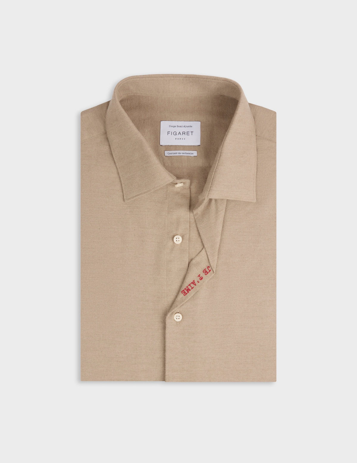 Chemise mixte "Je t'aime" en coton et cachemire beige - Flanelle - Col Figaret