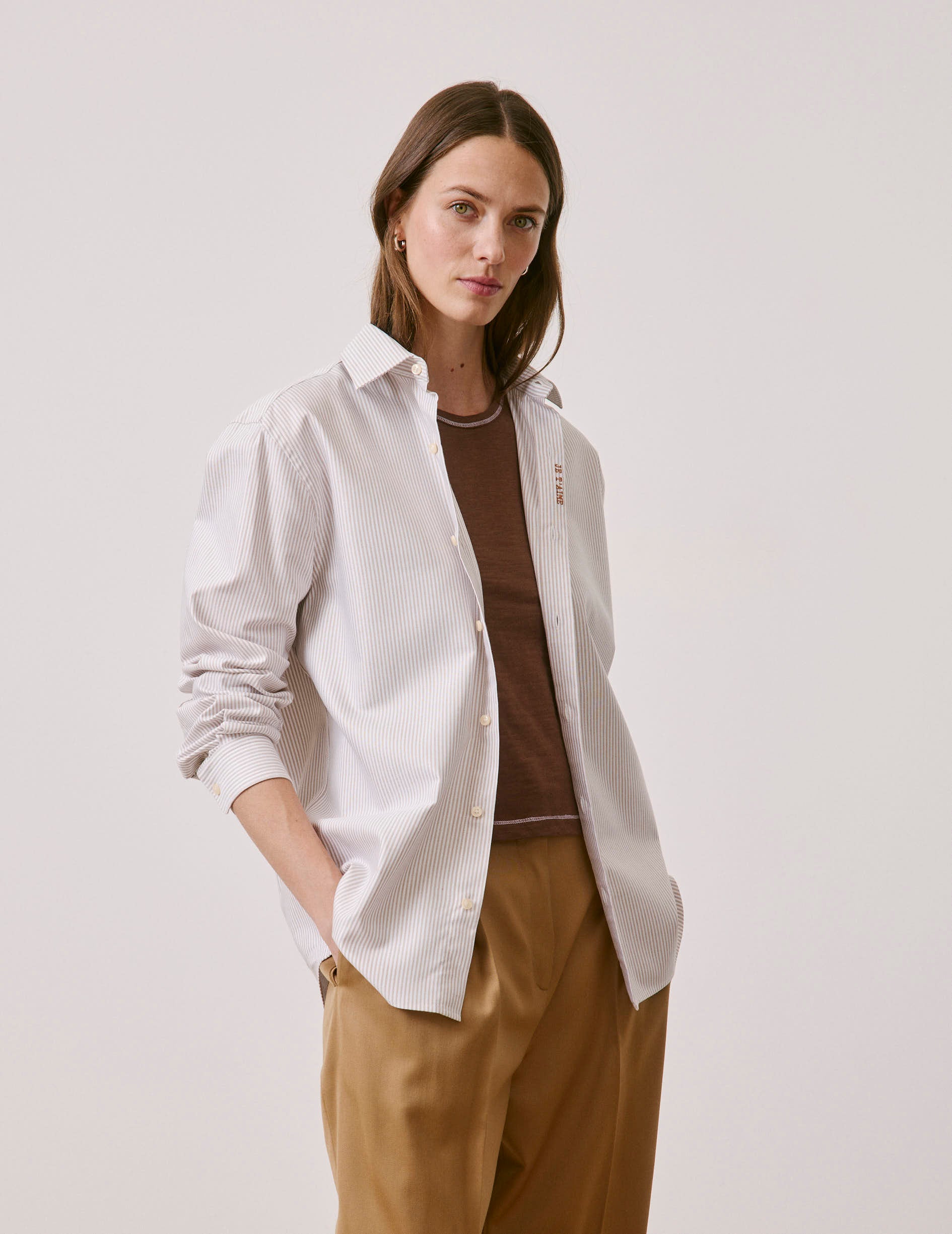 Unisex brown striped “Je t’aime” shirt - Oxford - Figaret Collar