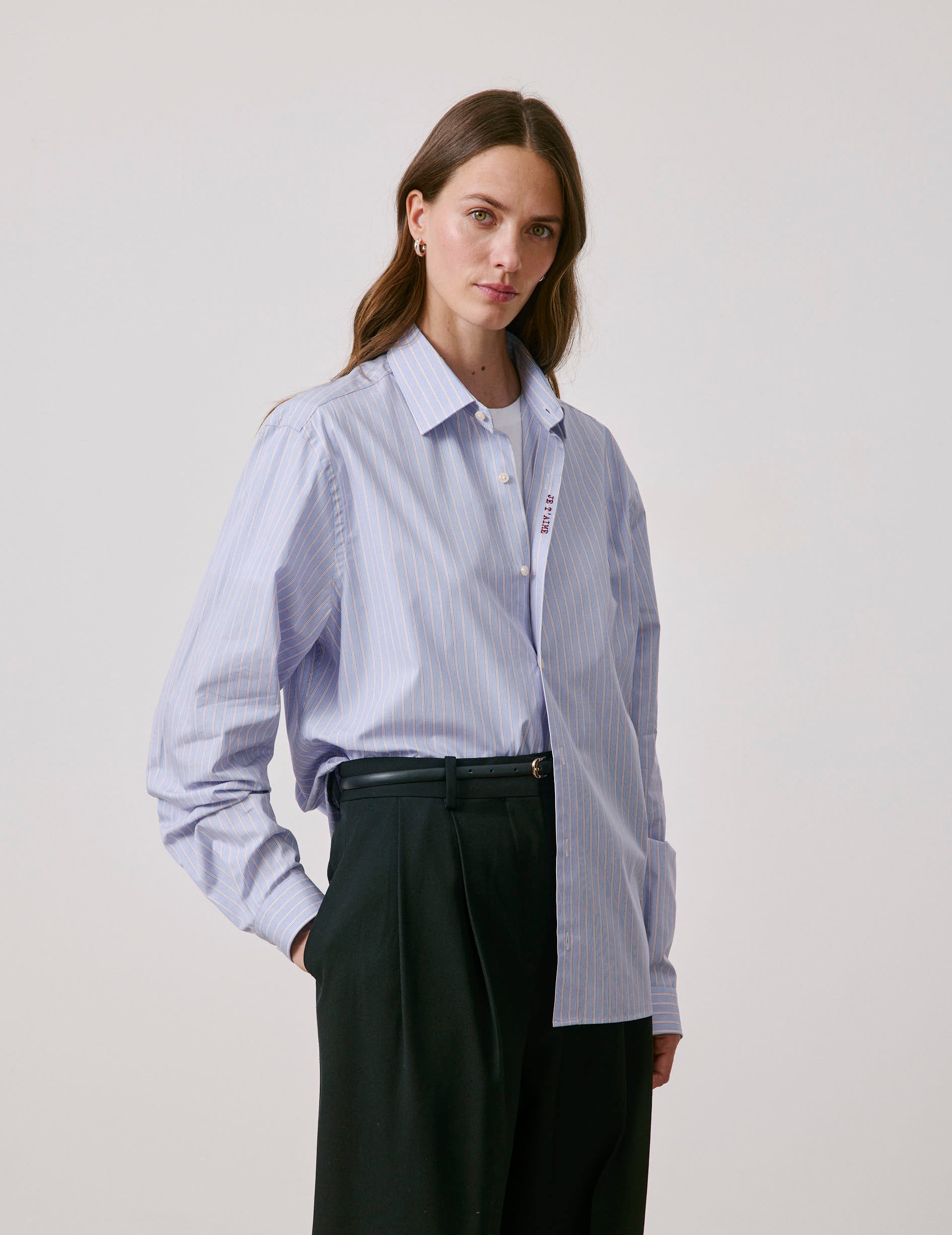 Chemise mixte "Je t'aime" bleue rayée - Popeline - Col Figaret