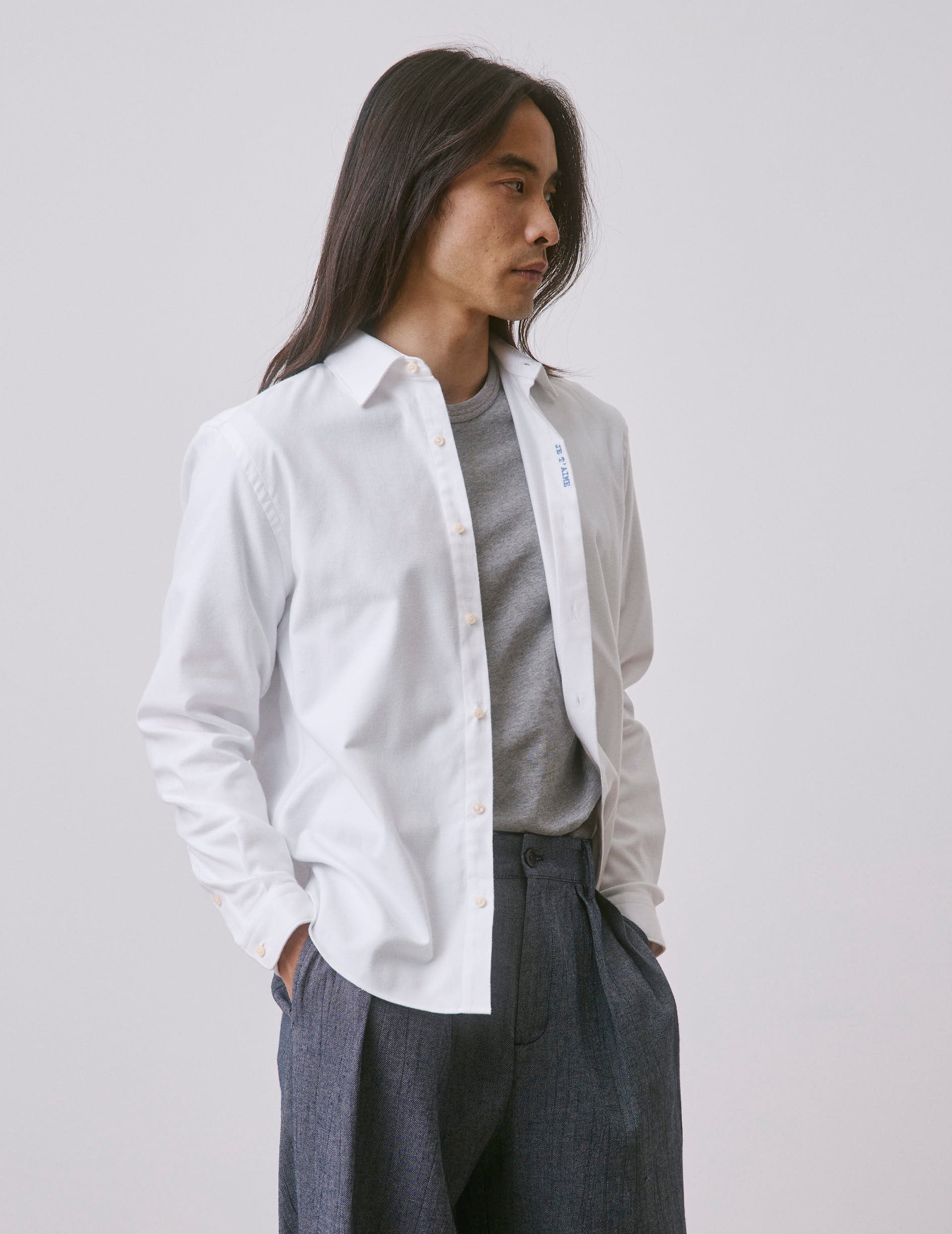 Chemise mixte "Je t'aime" blanche - Oxford gratté - Col Figaret