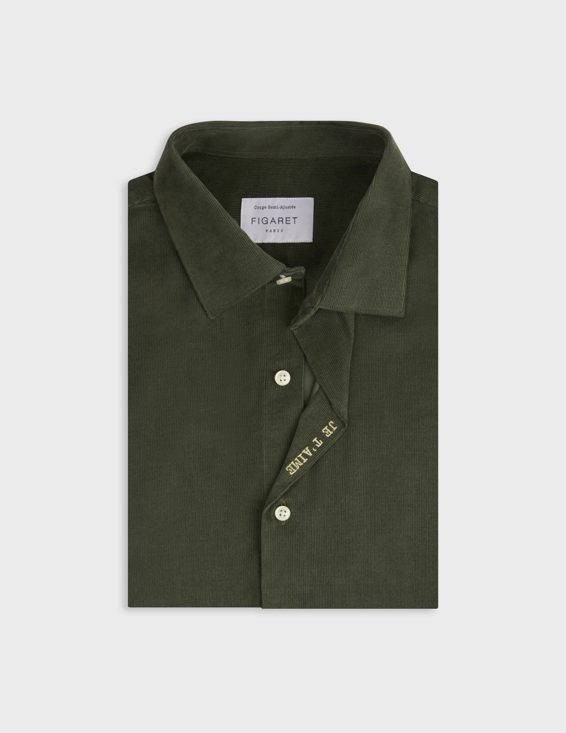 Chemise mixte "Je t'aime" en velours kaki - Velours - Col Figaret