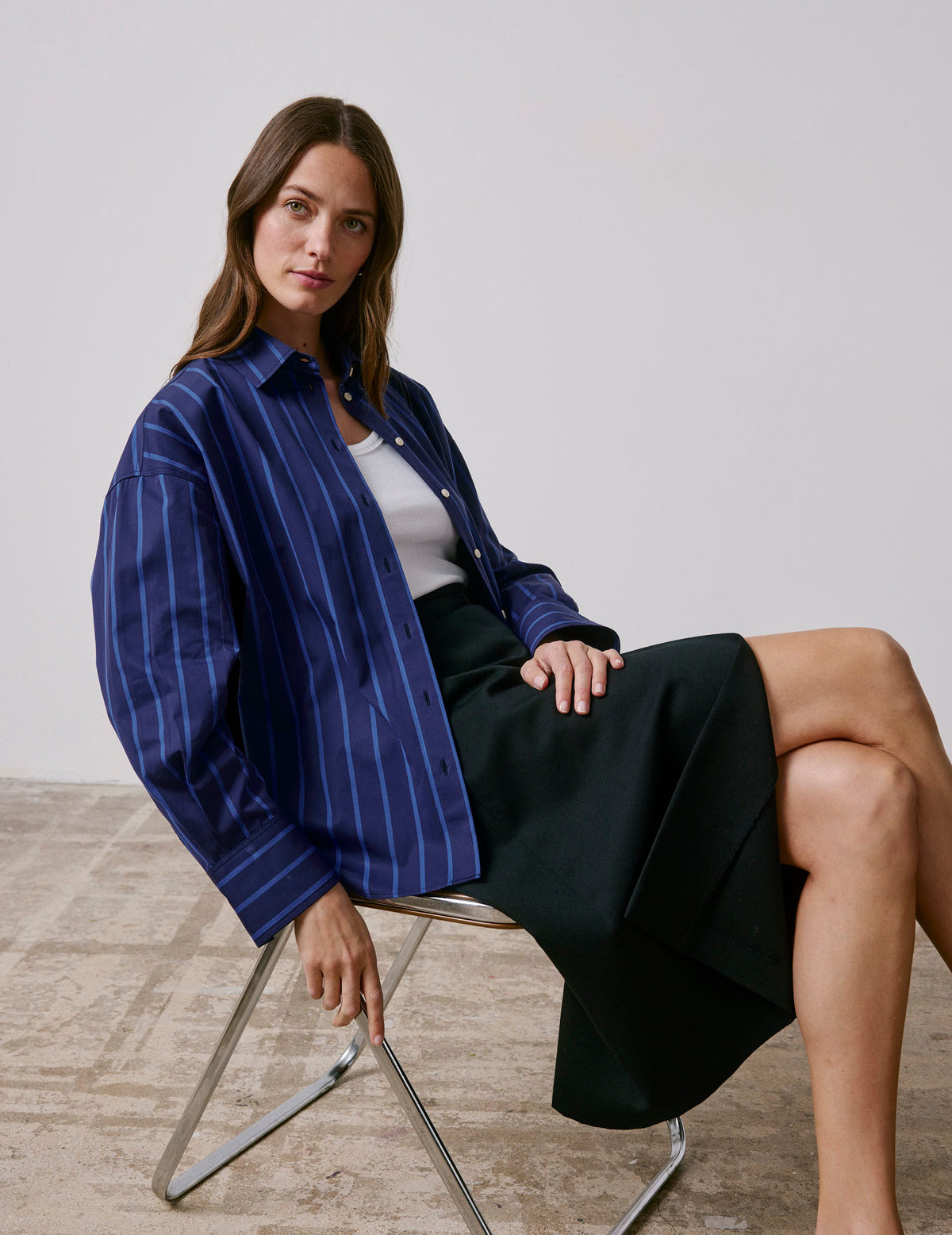 Chemise oversize Lizandra rayée bleue marine - Popeline - Col Chemise