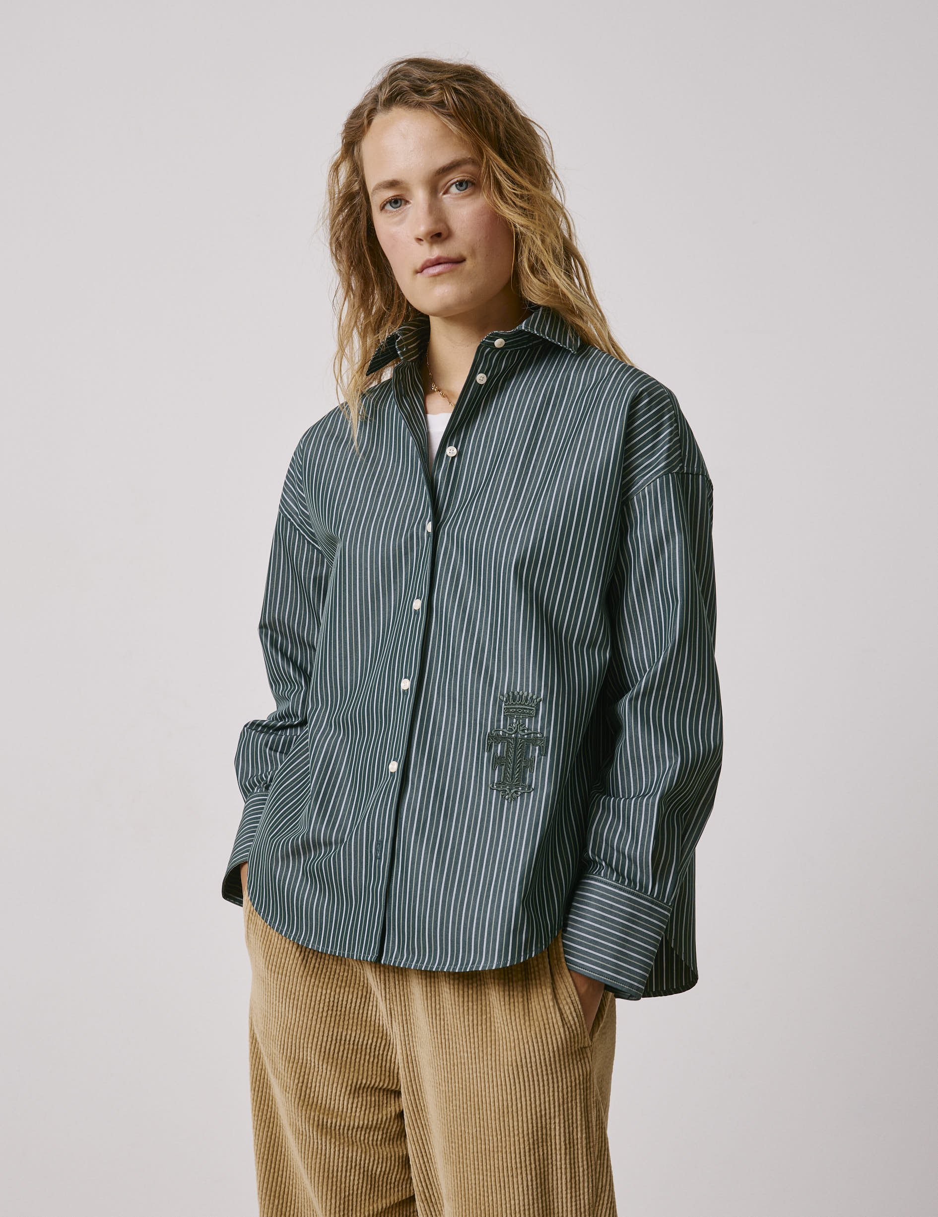 Chemise oversize Lizandra rayée verte - Popeline - Col Chemise