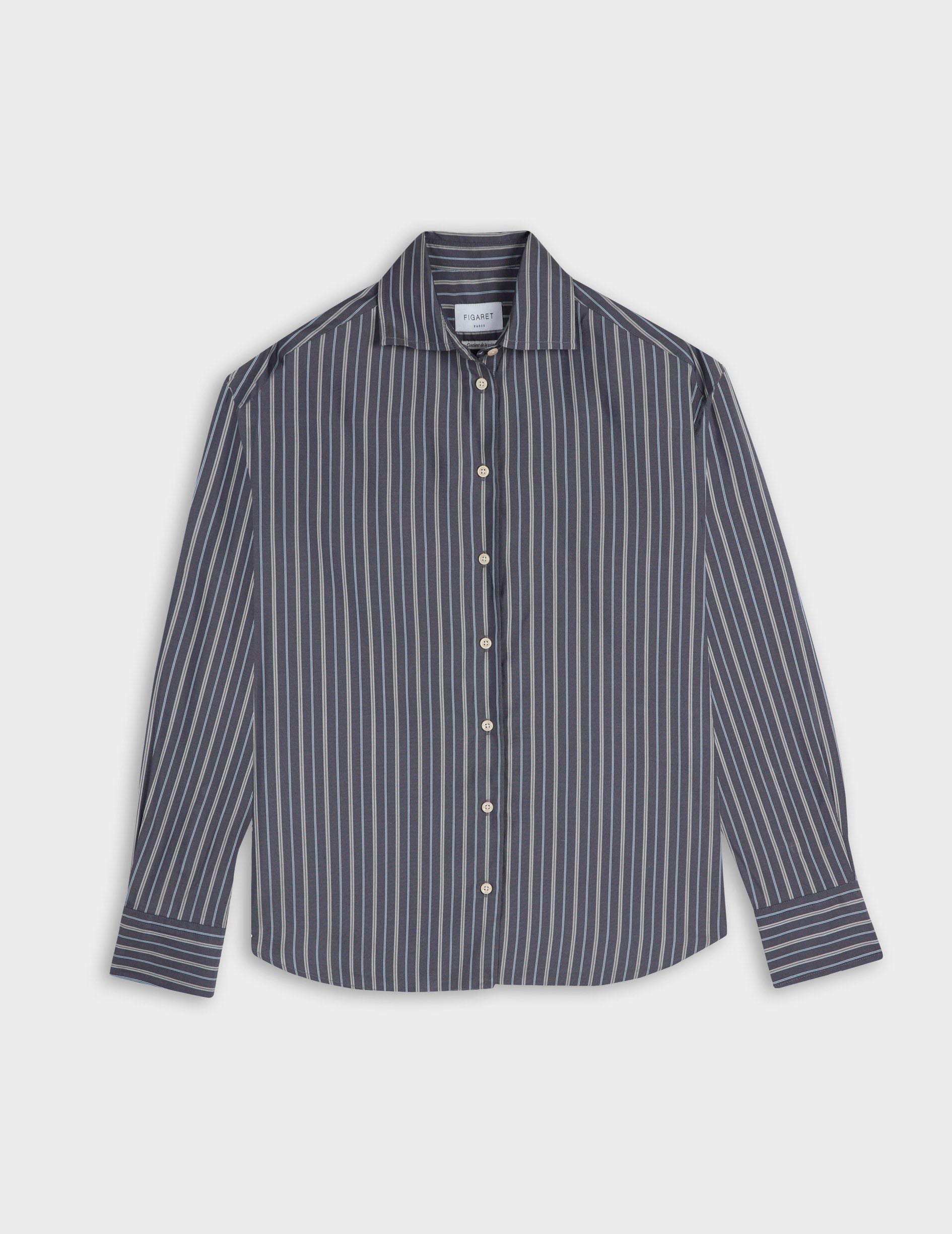 Chemise Mélinda rayée marine - Soie - Col Italien
