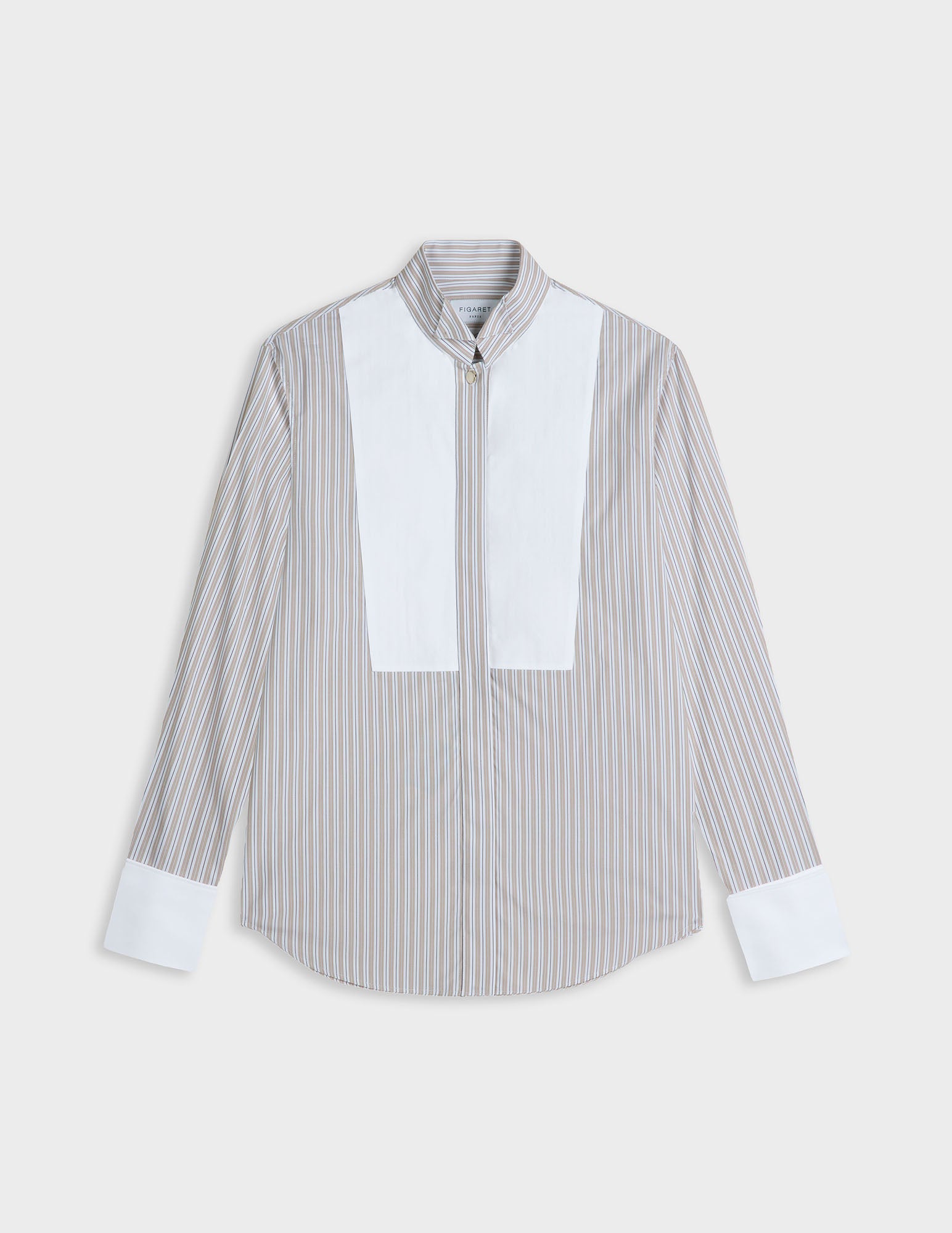 Chemise Nadine rayée beige - Popeline - Col Cassé - Poignets Mousquetaires
