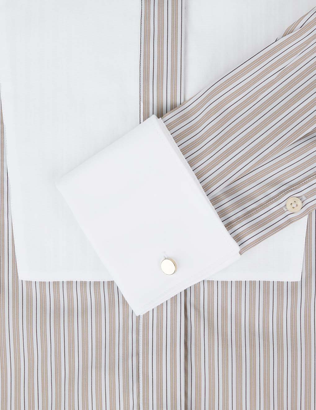 Chemise Nadine rayée beige - Popeline - Col Cassé - Poignets Mousquetaires