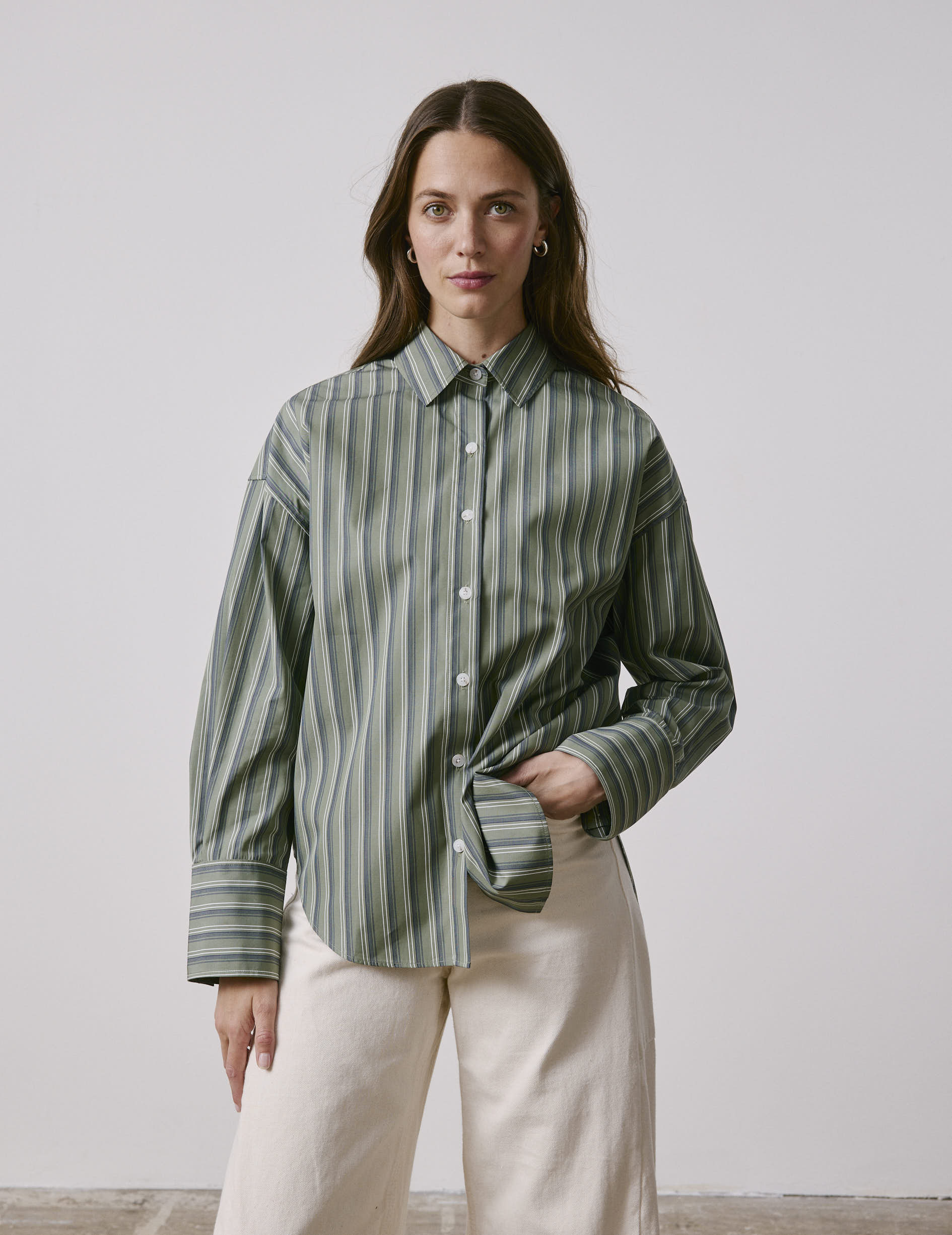 Chemise Noliana rayée kaki - Popeline - Col Chemise