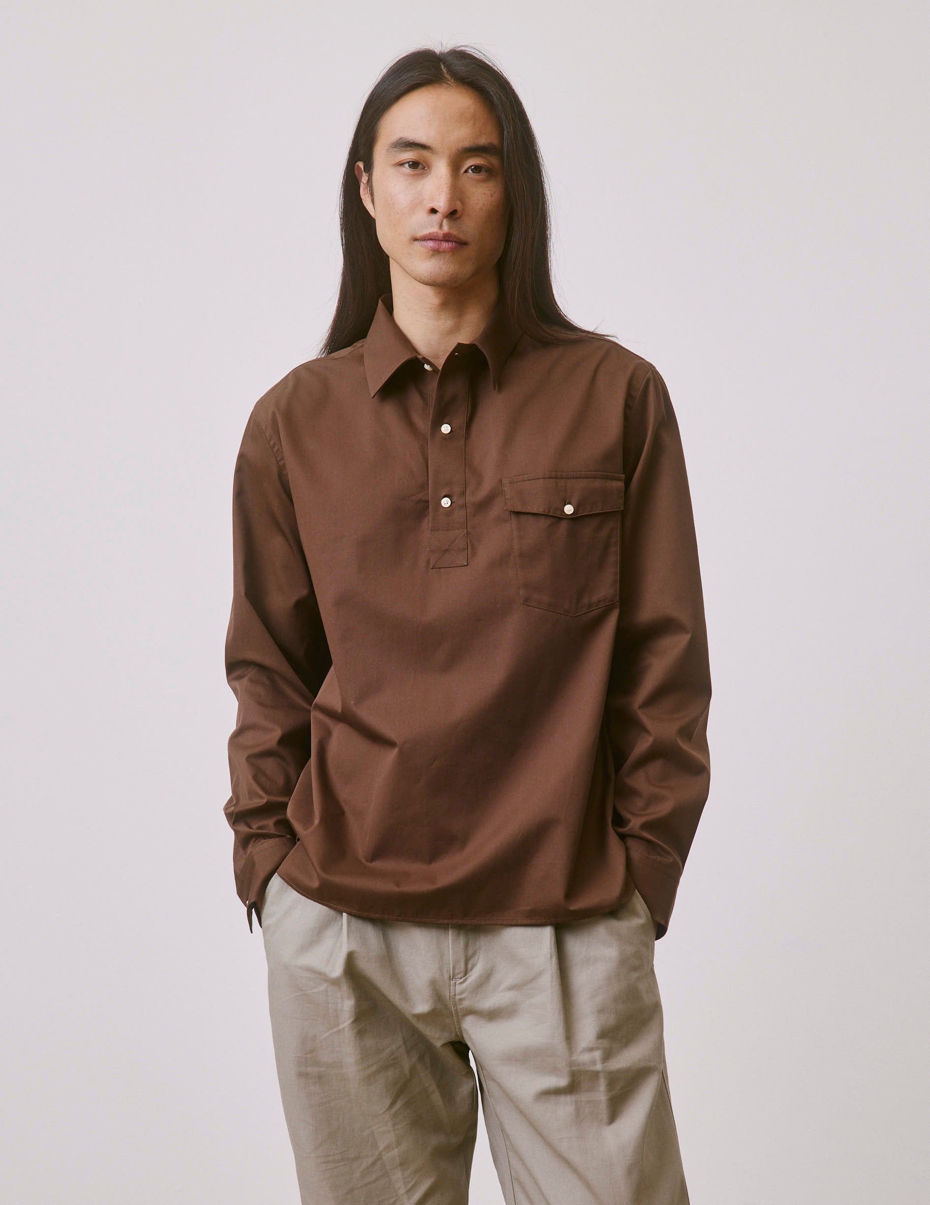 Brown Normann popover shirt - Twill - Shark Collar