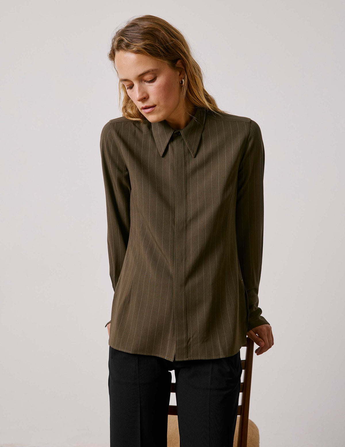 Chemise Pétale rayée kaki - Viscose - Col Long