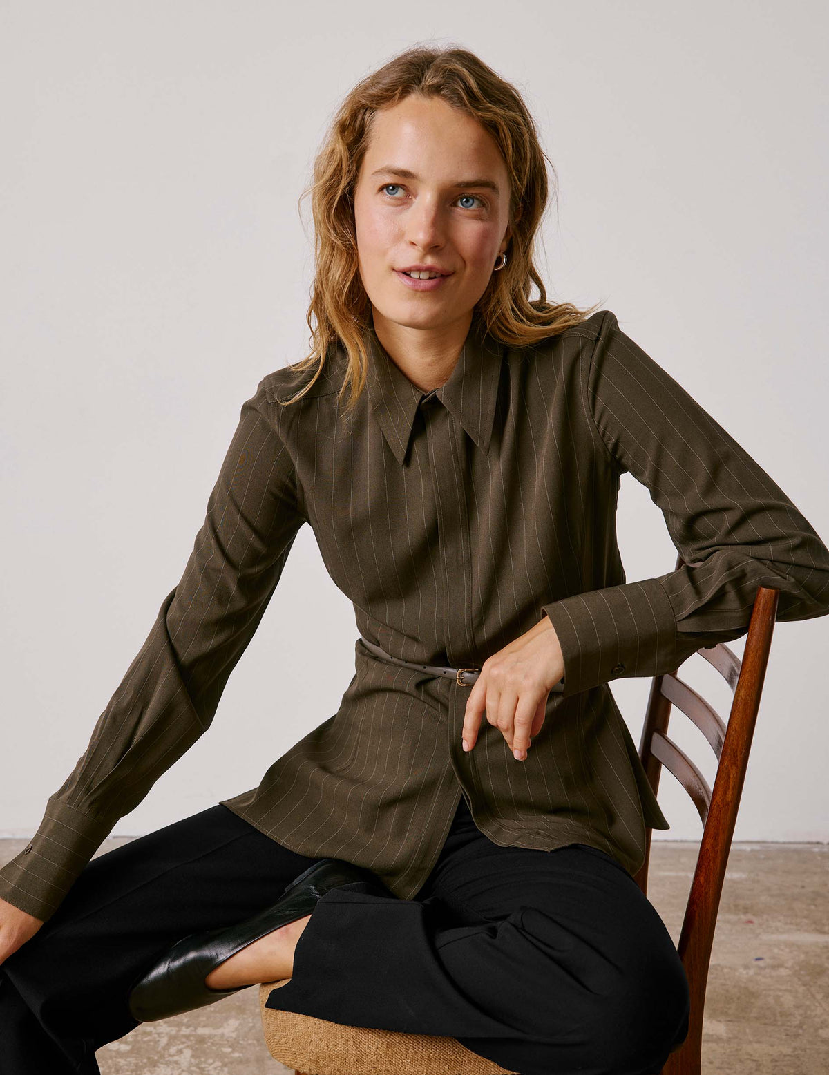 Chemise Pétale rayée kaki - Viscose - Col Long