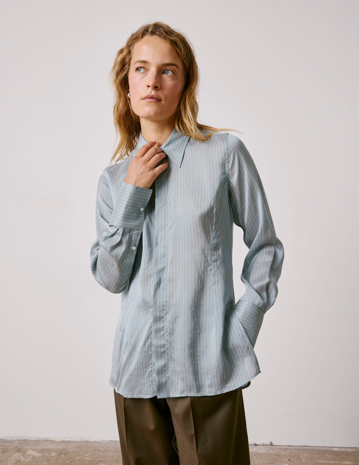 Chemise Pétale bleu rayée - Crêpe - Col Long