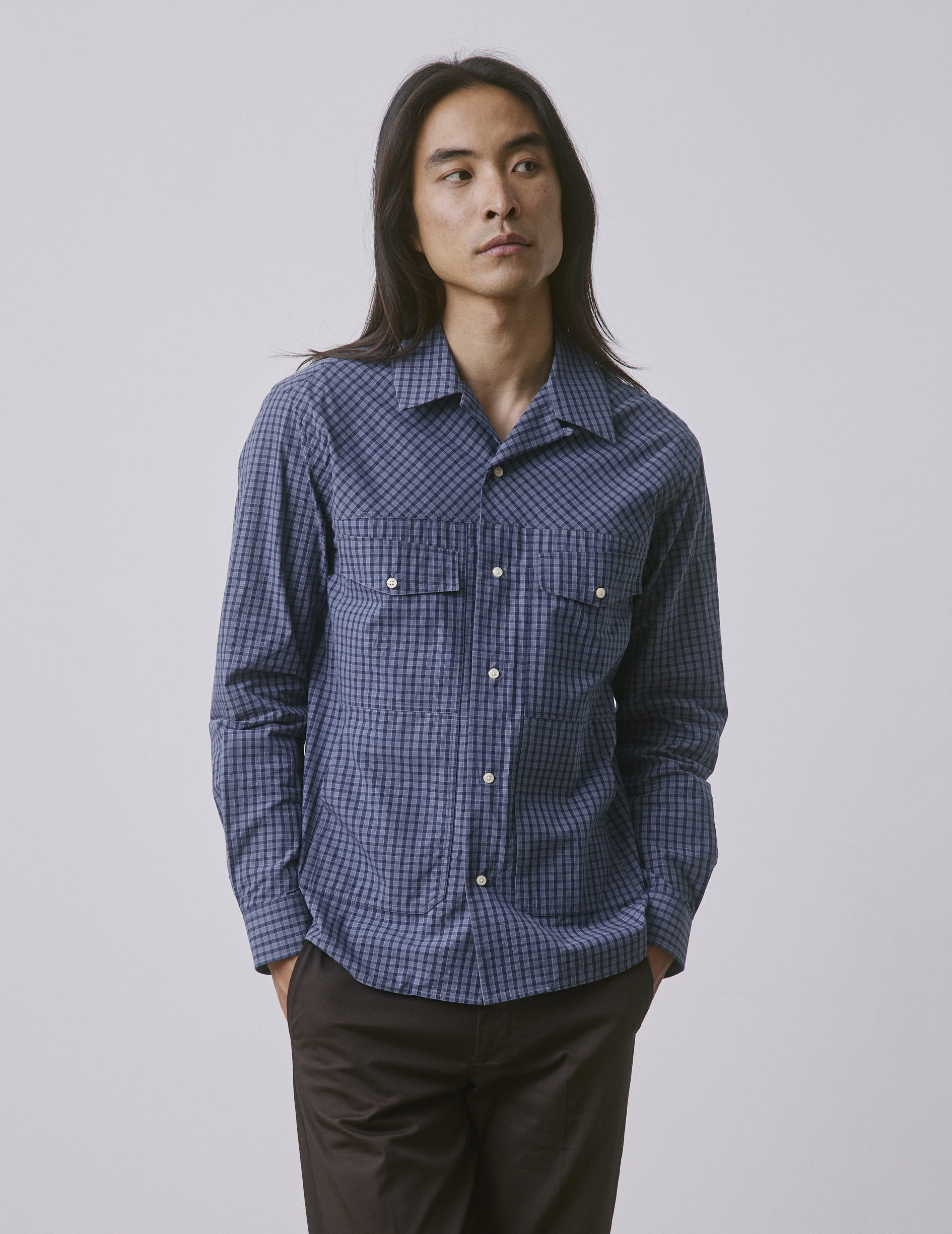 Blue check Pharell shirt - Poplin - Shark Collar