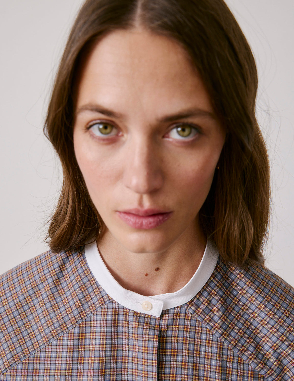 Chemise oversize Pia à carreaux marrons - Popeline - Col Officier