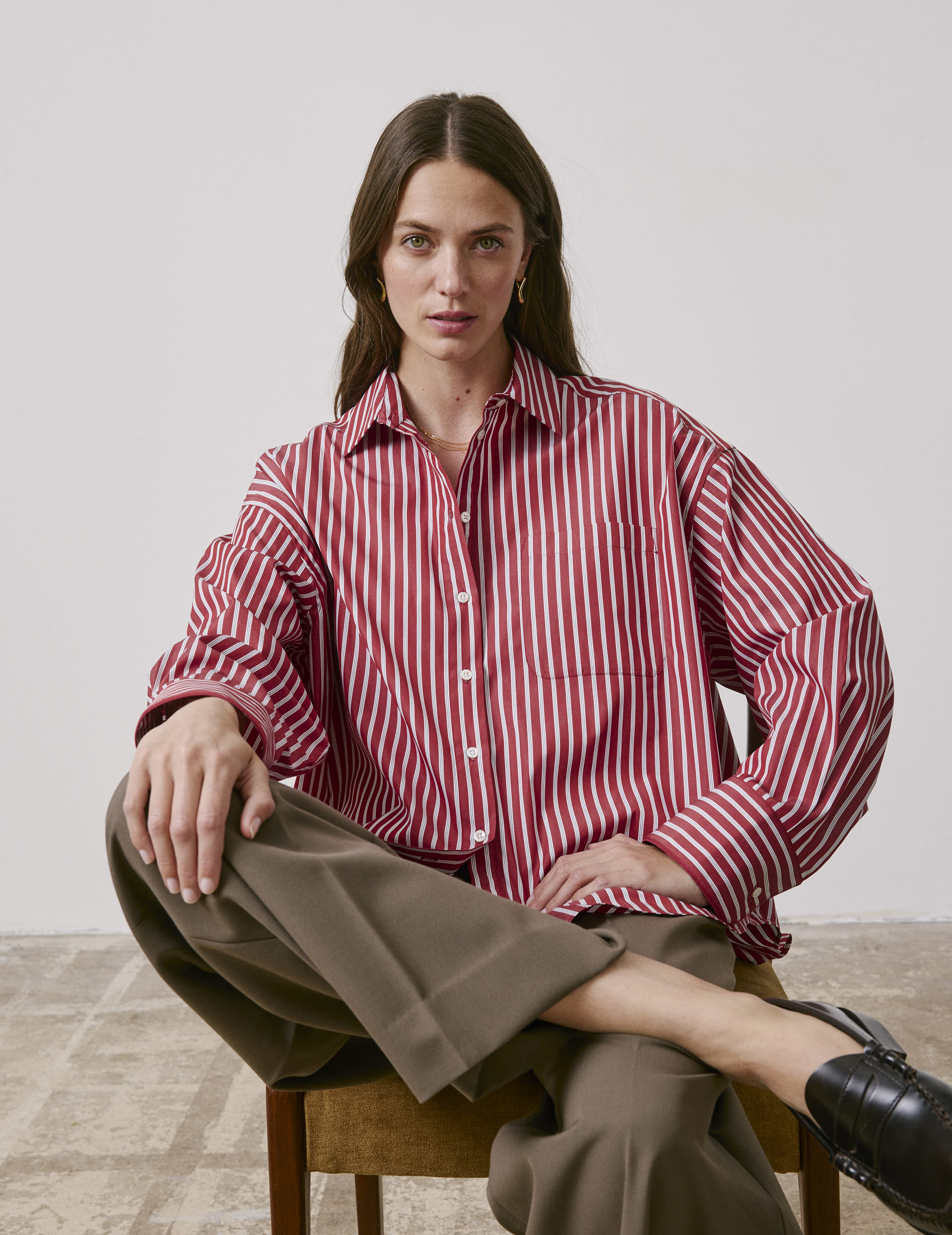 Chemise oversize Soffy rayée rouge - Popeline - Col Chemise