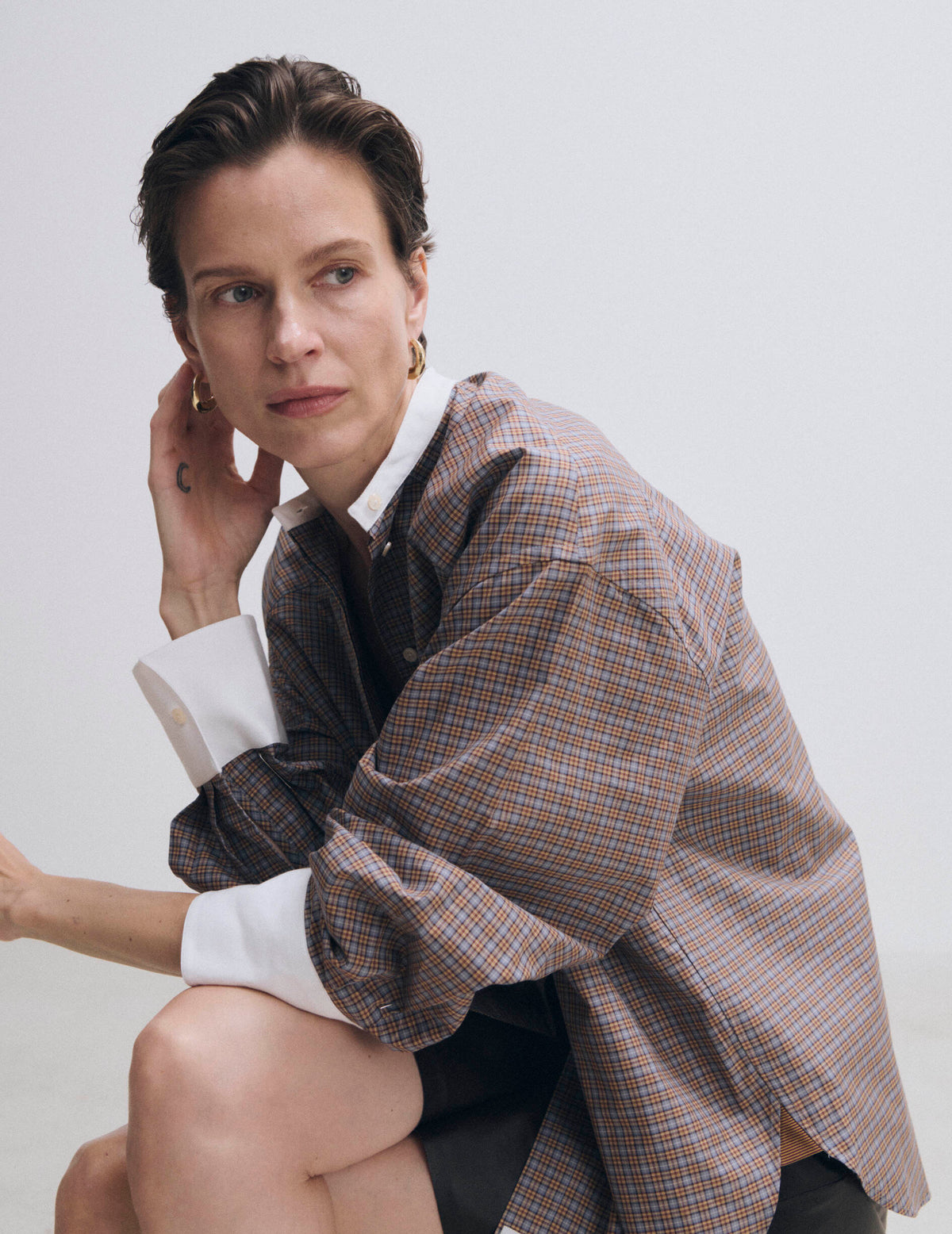 Chemise oversize Pia à carreaux marrons - Popeline - Col Officier