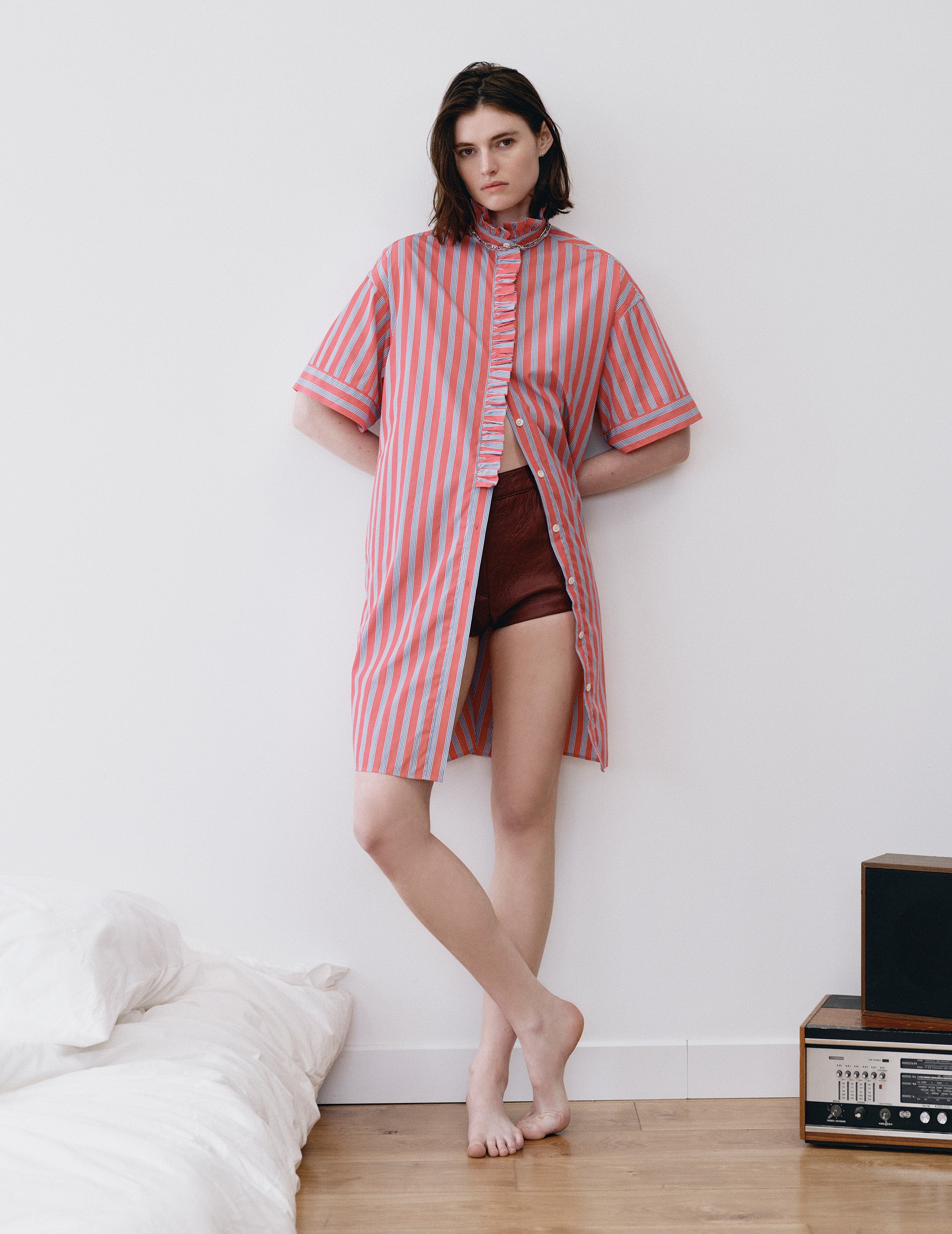 Nivine dress in striped dark pink poplin