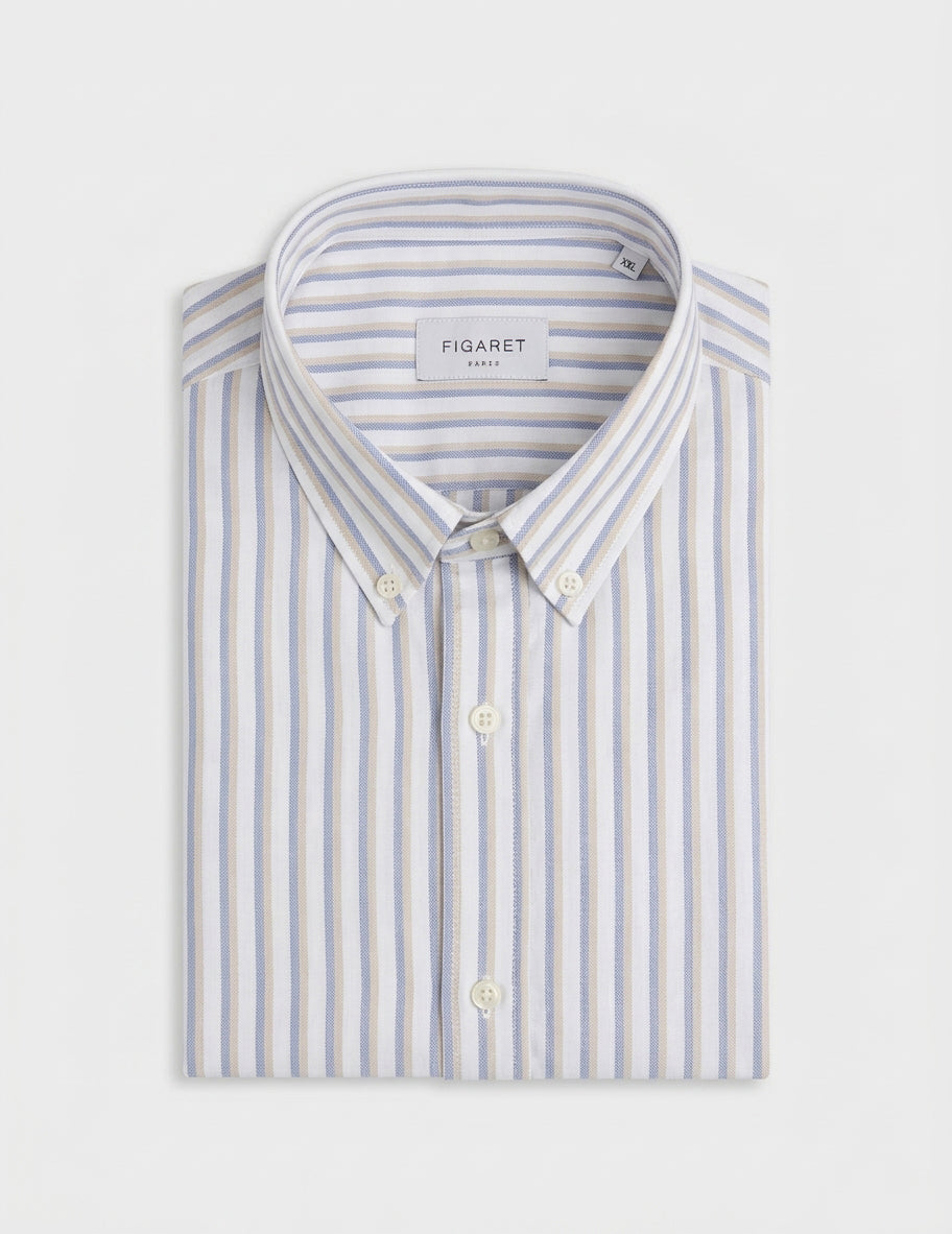 Chemise Gaspard rayée beige - Oxford gratté - Col Américain