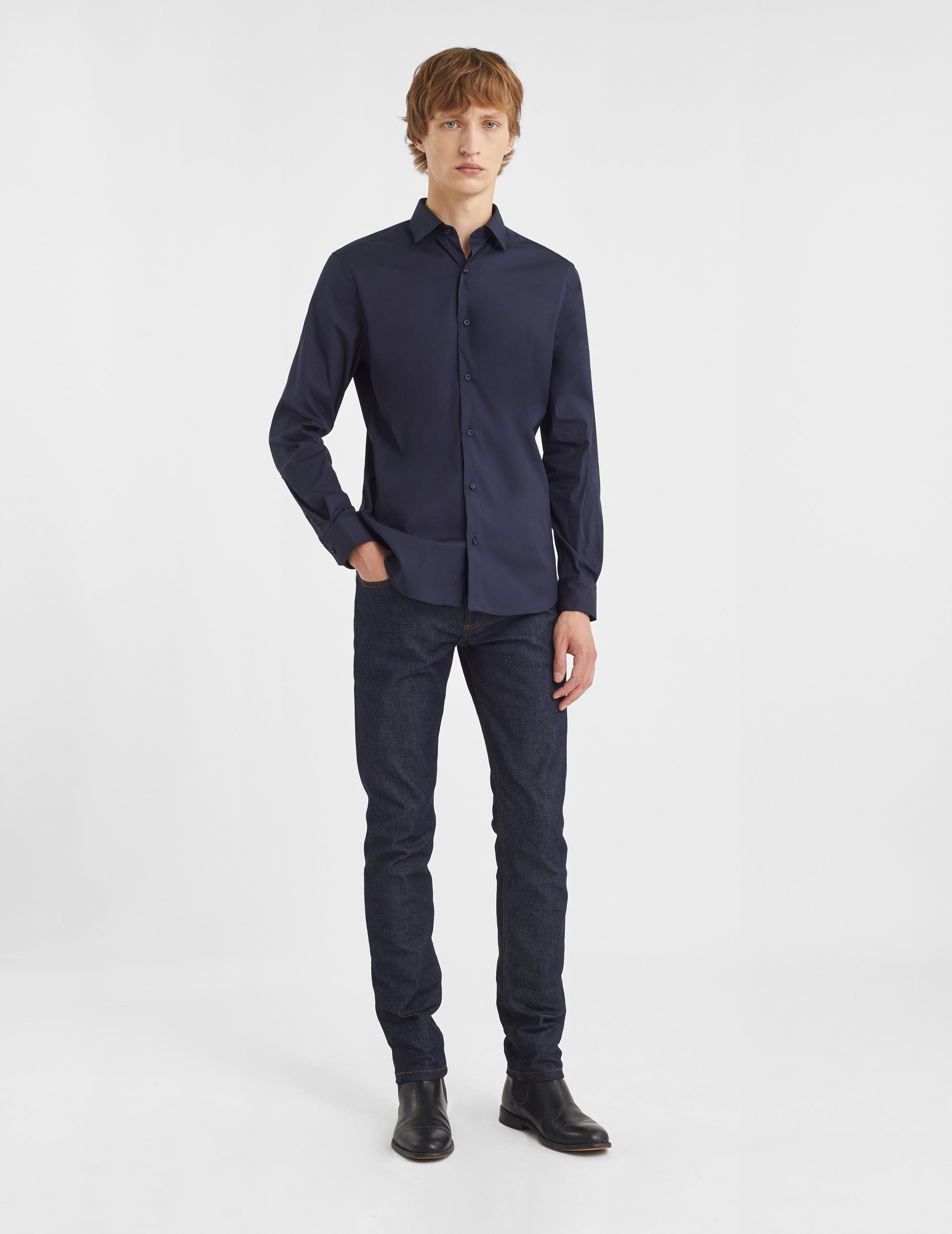 Chemise Ajustée stretch bleu marine - Popeline - Col Figaret