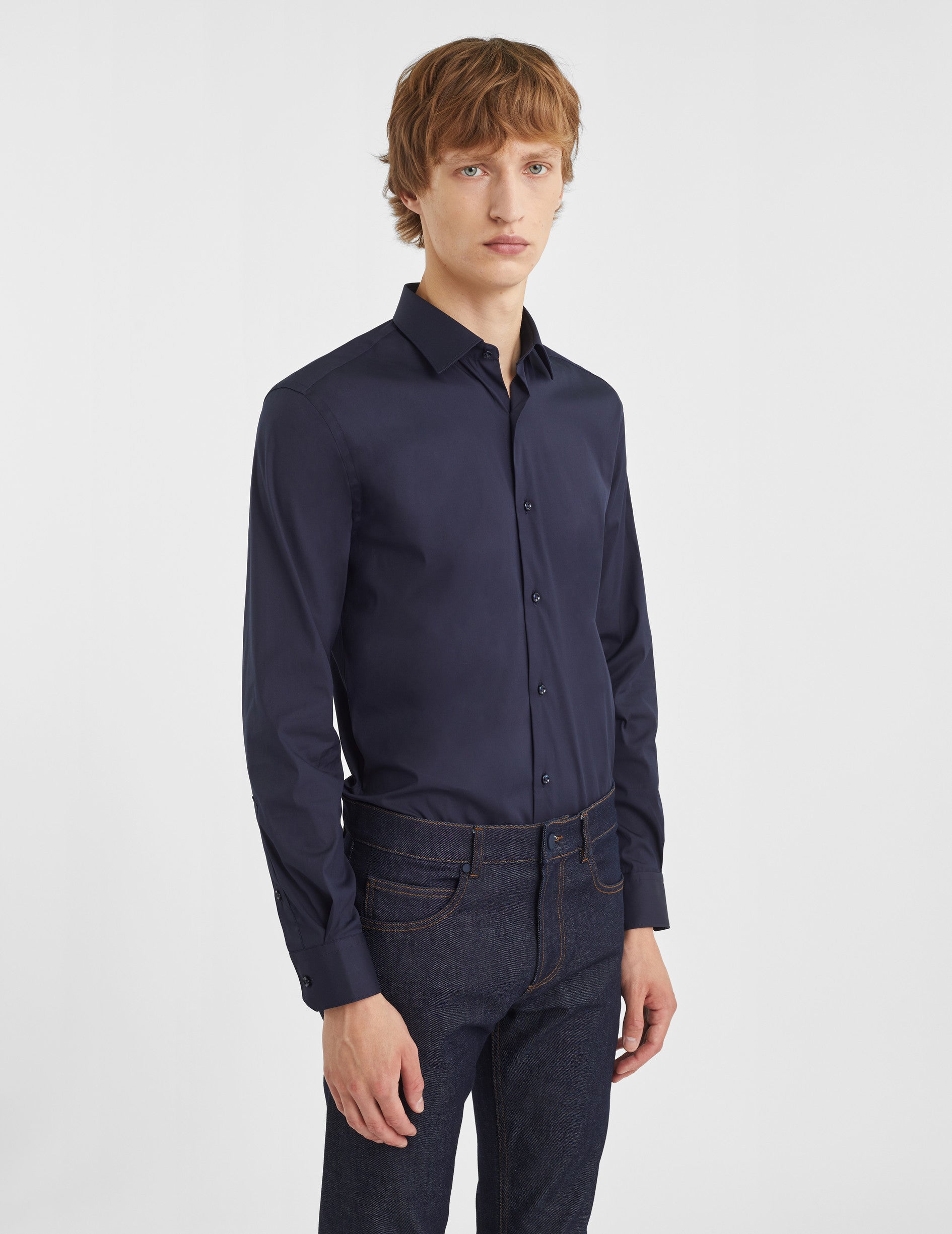 Chemise Ajustée stretch bleu marine - Popeline - Col Figaret