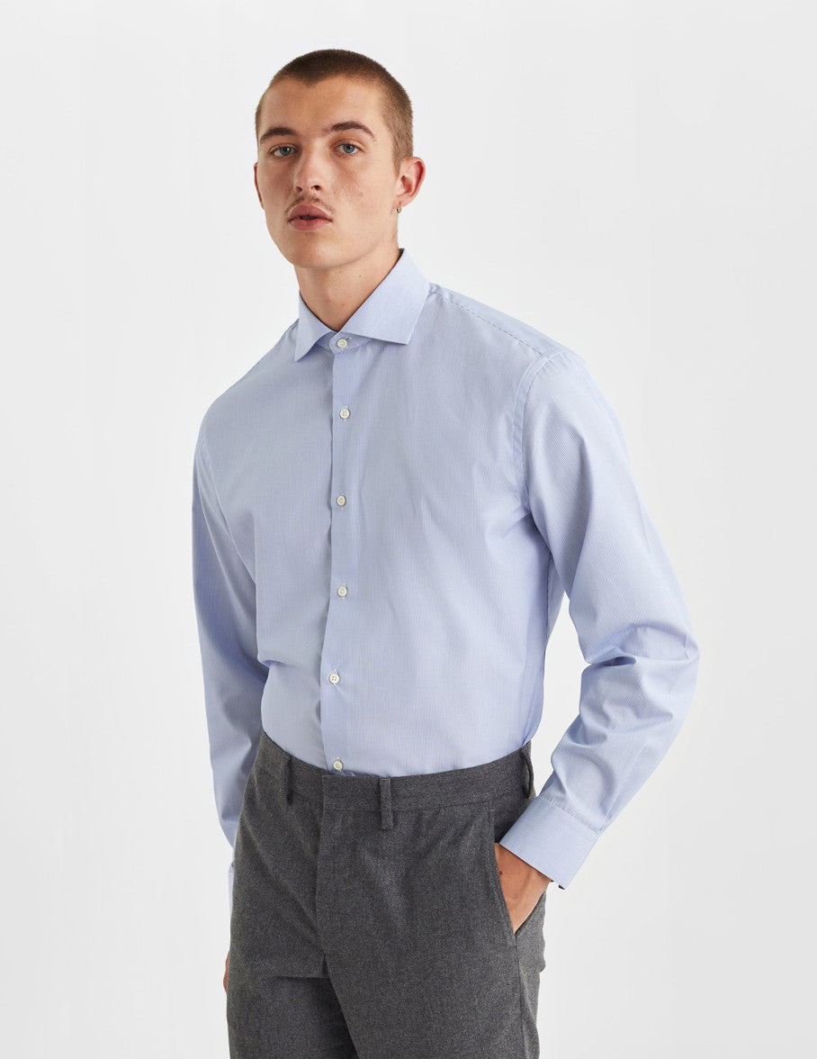 Chemise Classique rayée bleue - Popeline - Col Italien