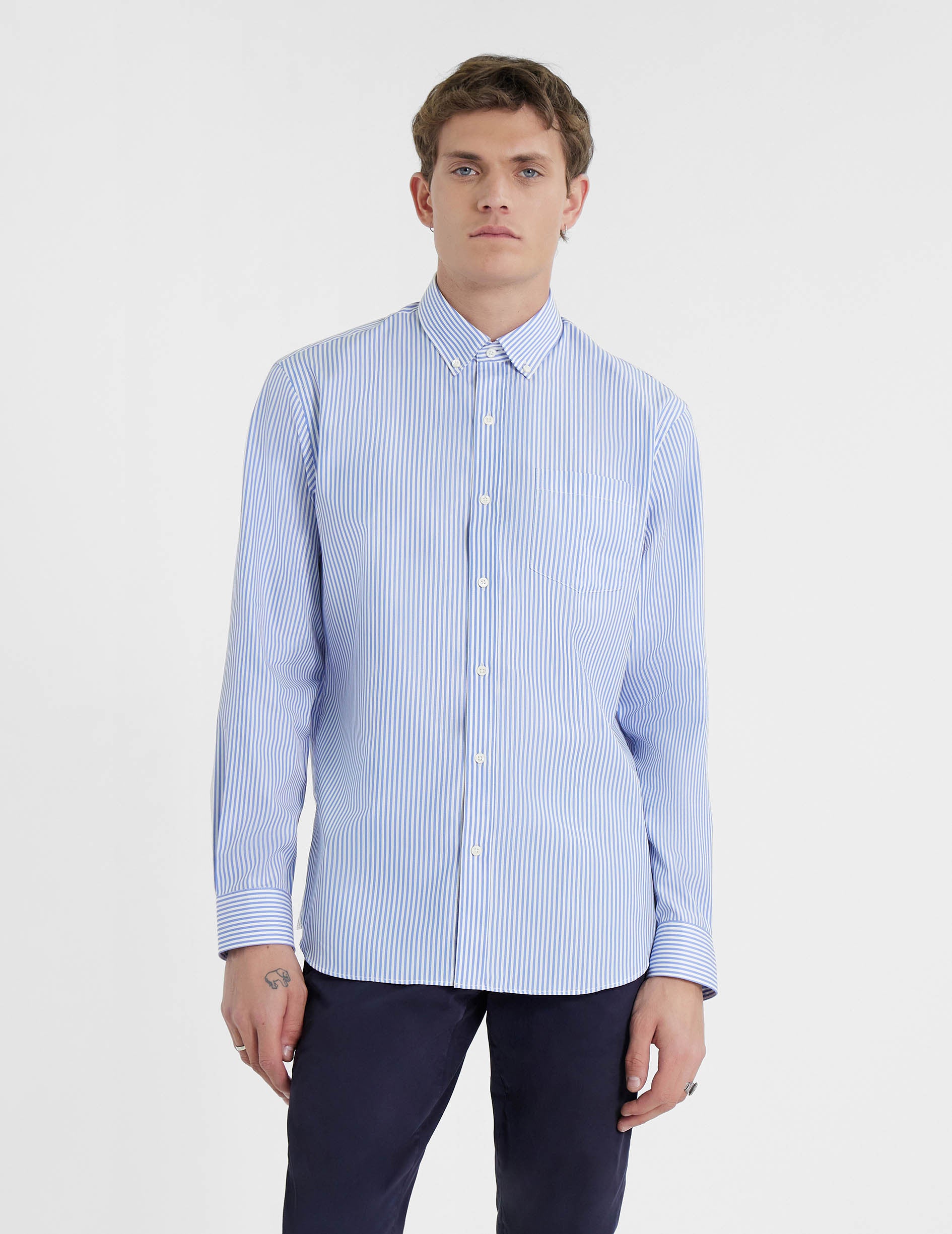 Chemise Classique rayée bleue - Popeline - Col Américain