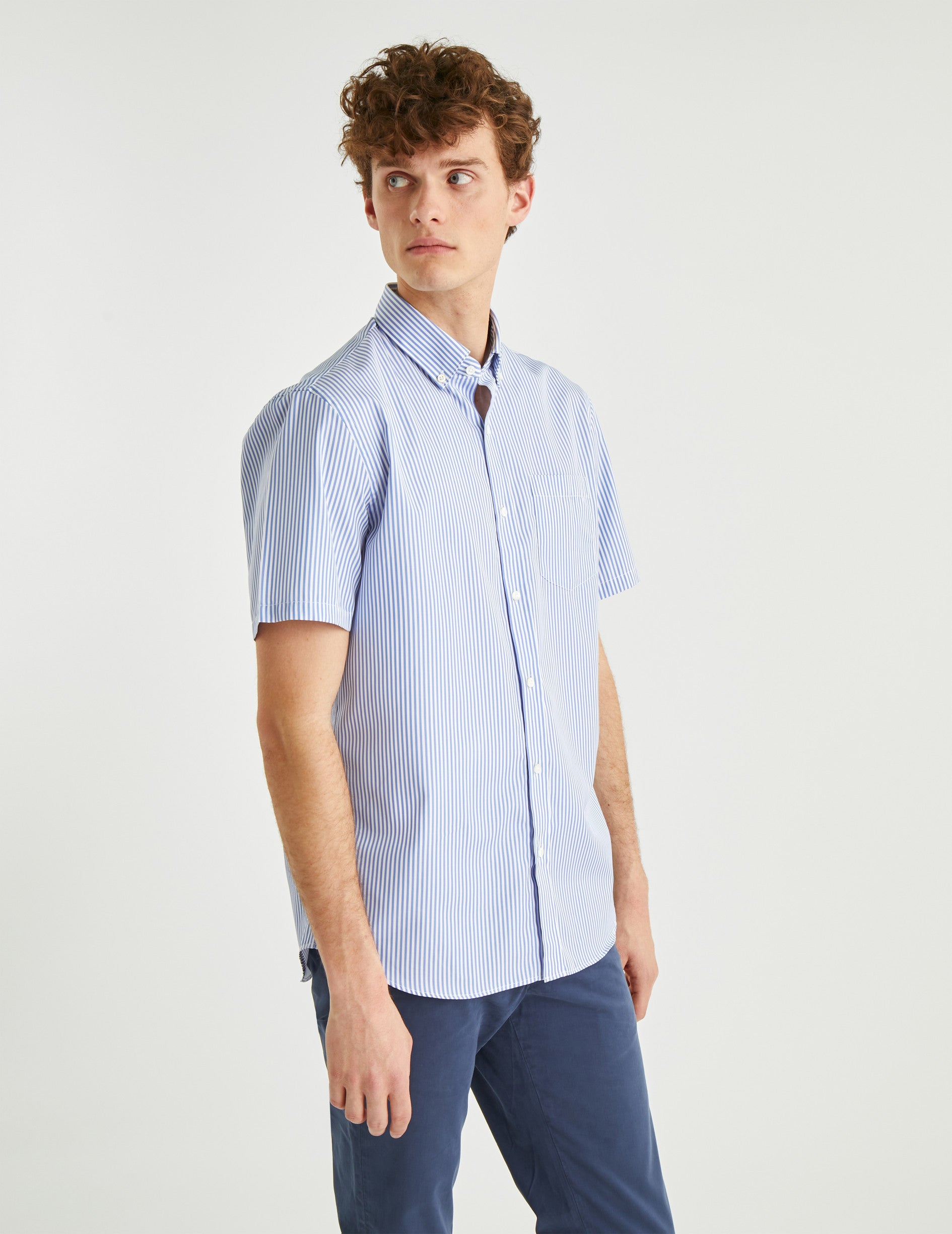 Chemise Classique manches courtes rayée bleue - Popeline - Col Américain