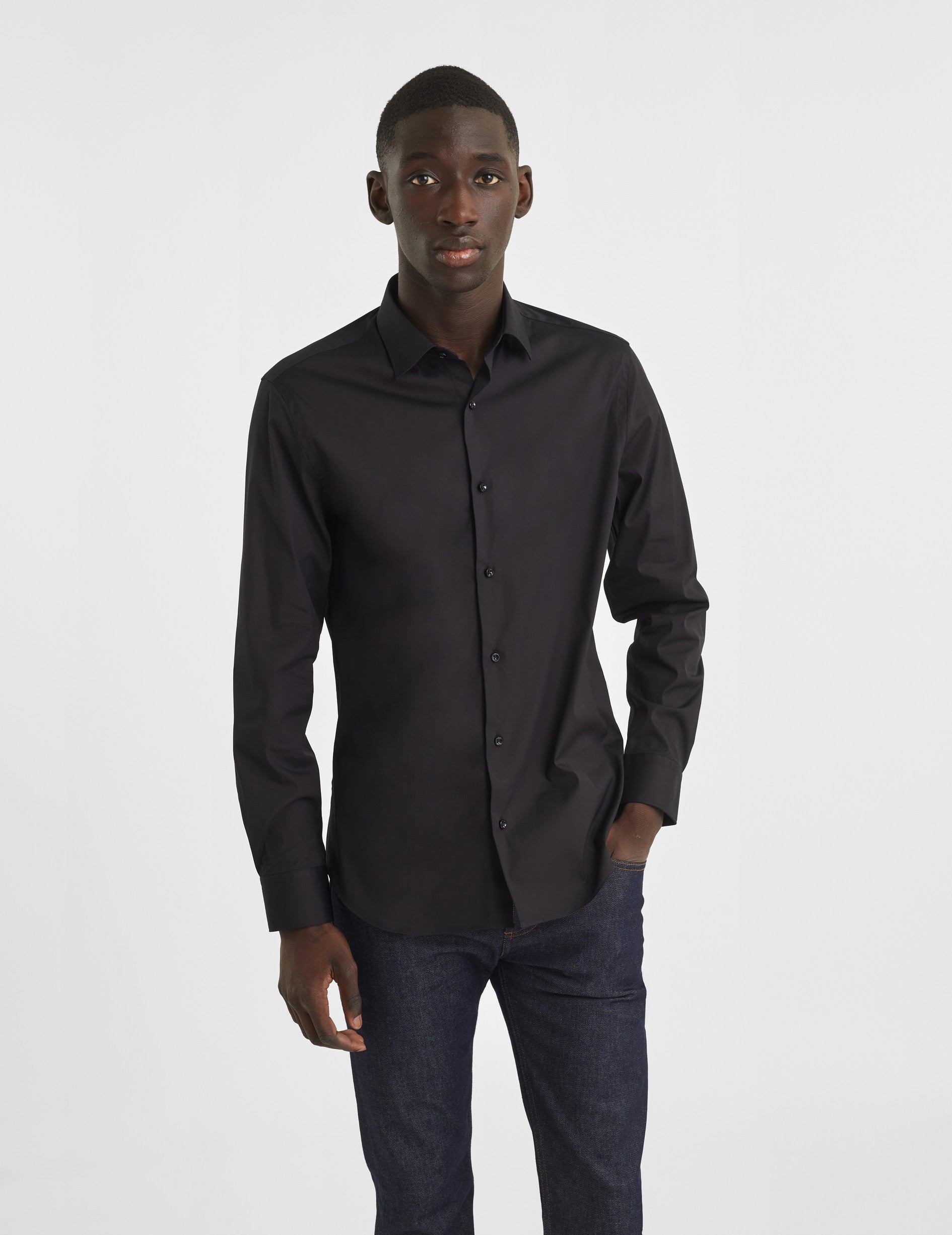 Chemise Semi-ajustée stretch noire - Popeline - Col Figaret