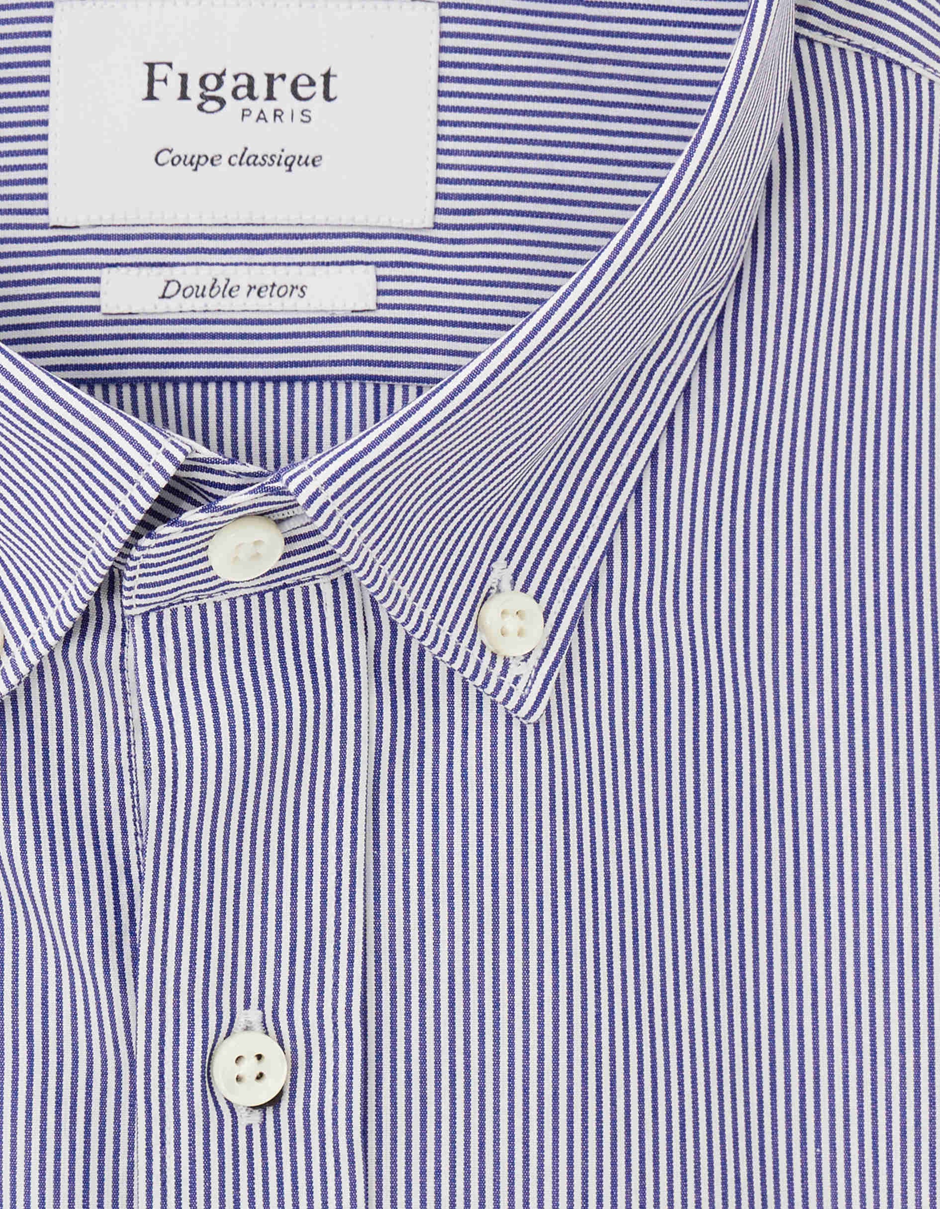 Chemise Classique manches courtes rayée bleue - Popeline - Col Américain
