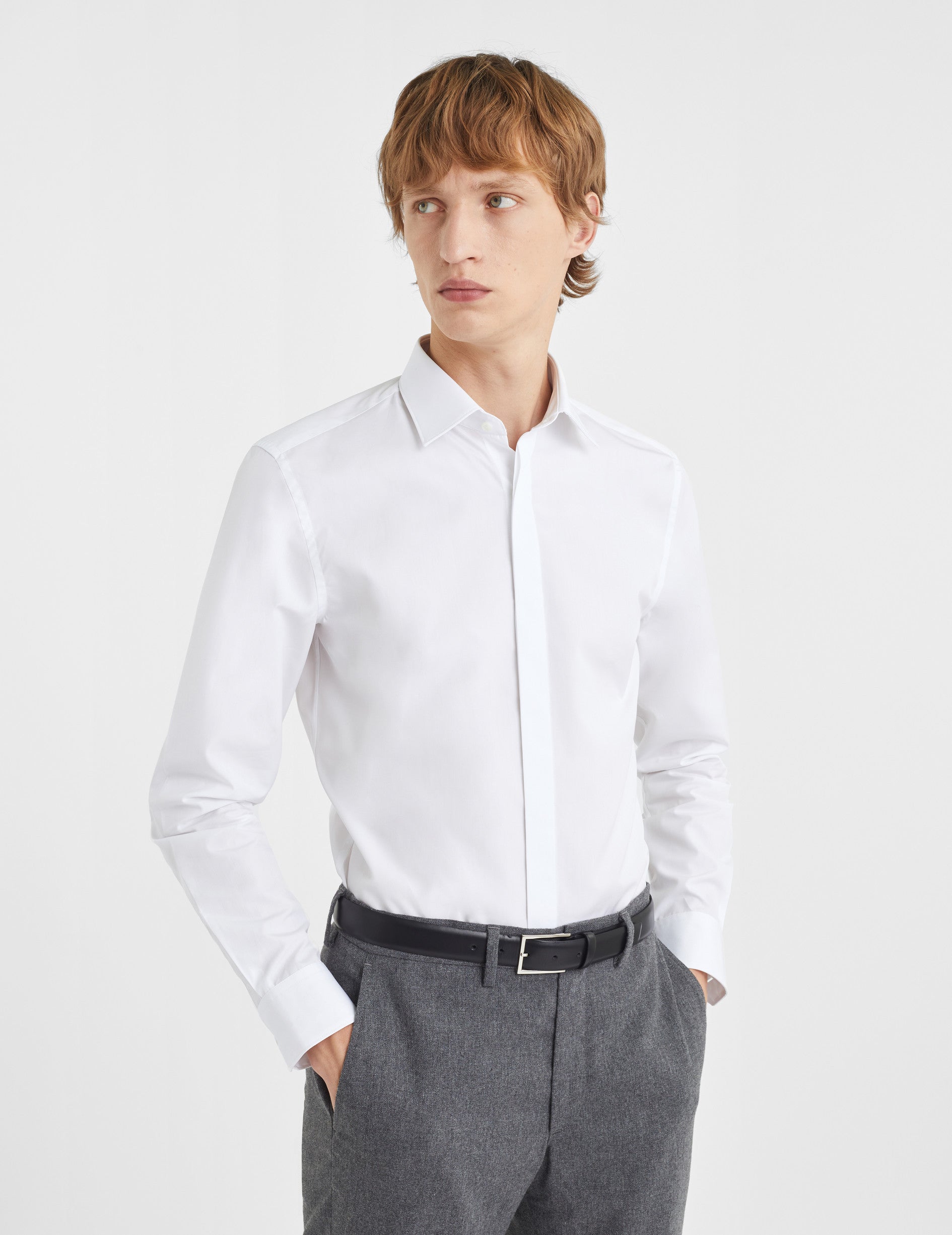 Fitted Hidden buttons placket white shirt - Poplin - Figaret Collar