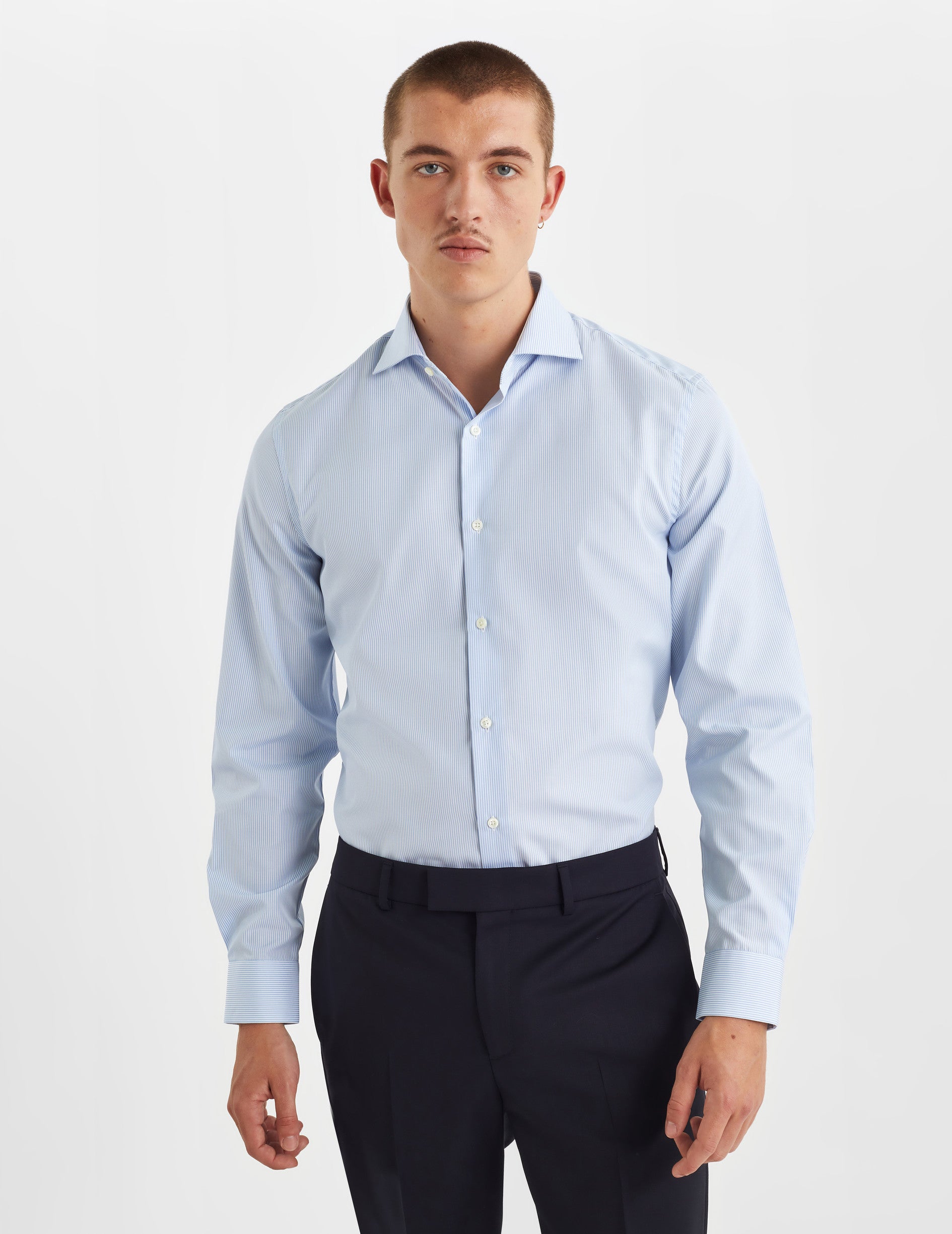 Chemise Ajustée rayée bleue - Popeline - Col Italien