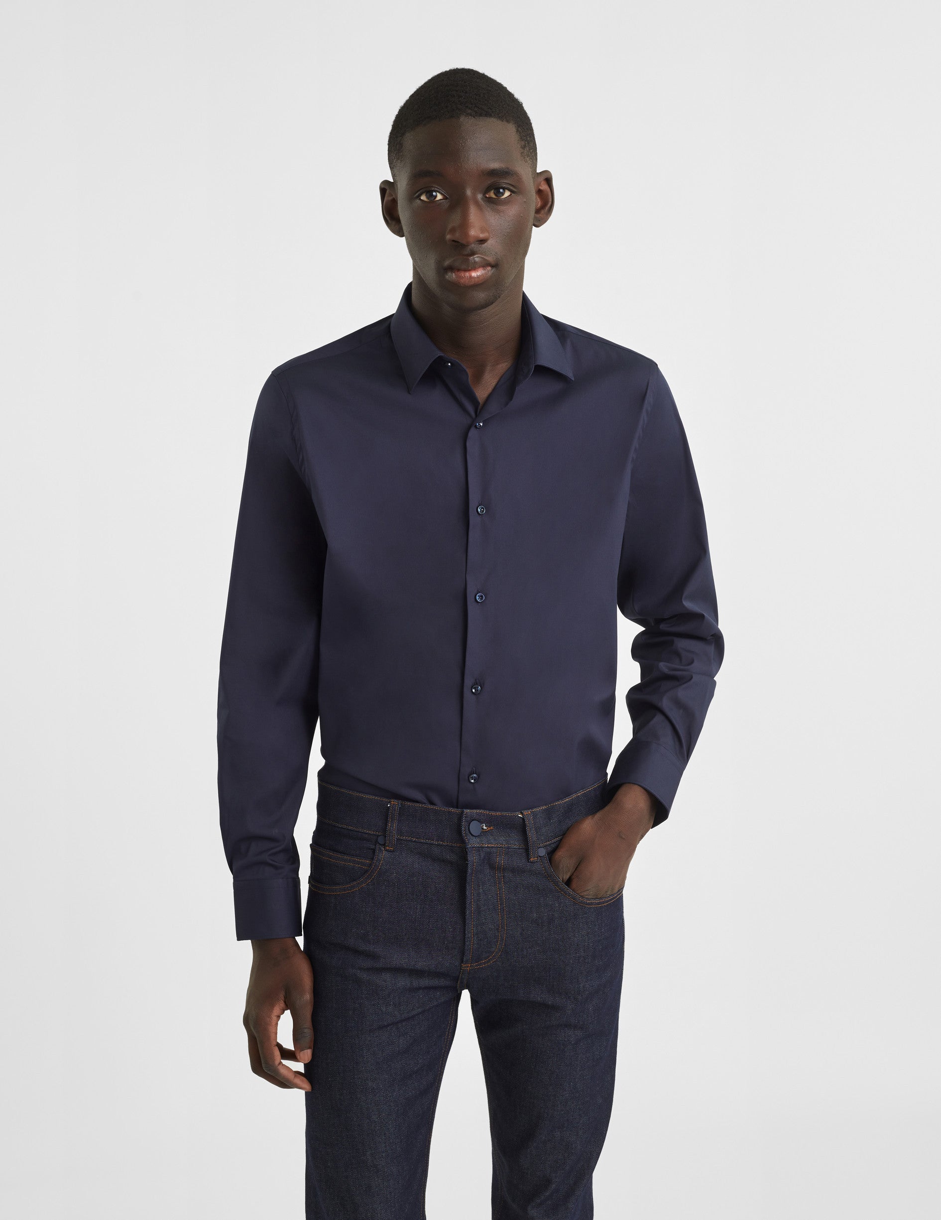 Chemise Semi-ajustée stretch bleu marine - Popeline - Col Figaret