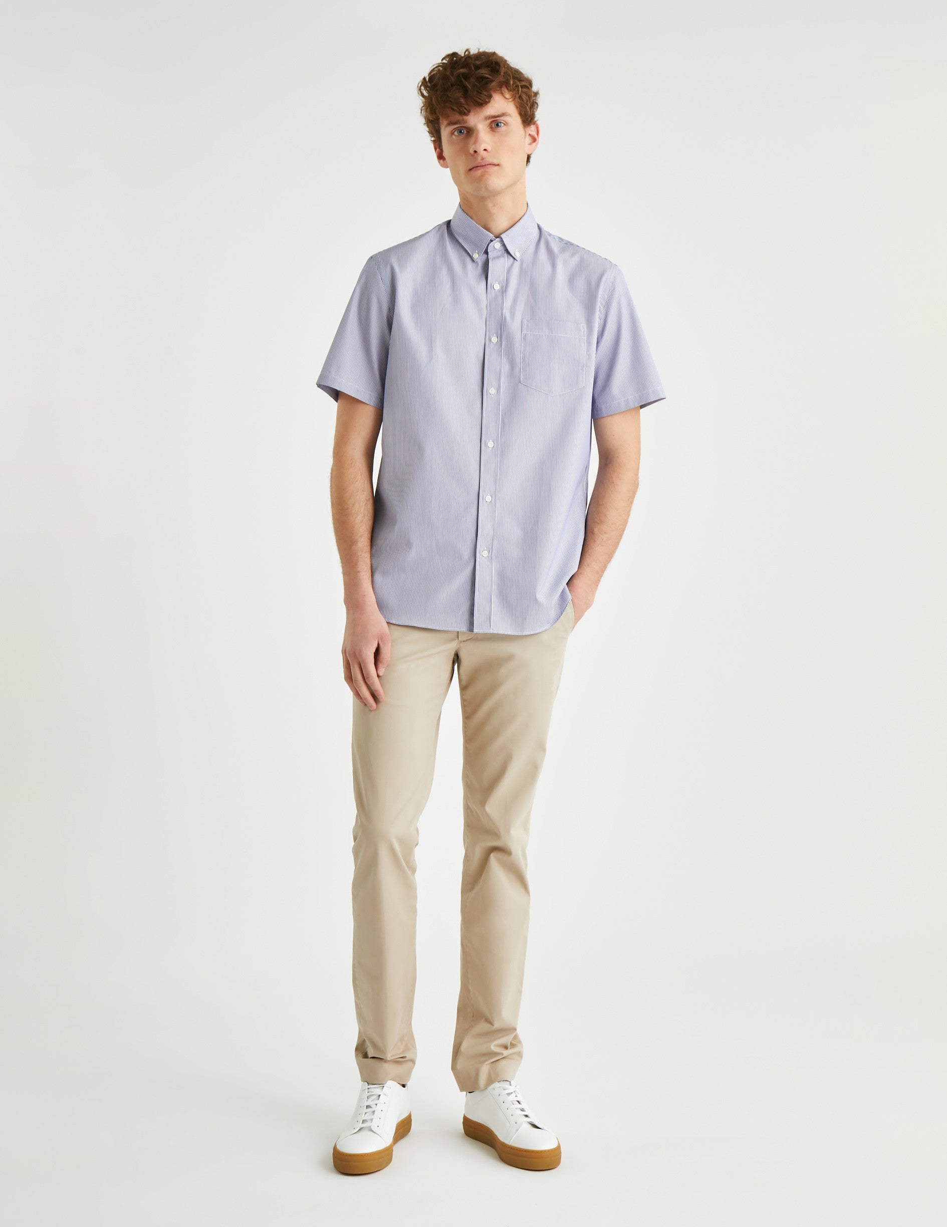 Chemise Classique manches courtes rayée bleue - Popeline - Col Américain