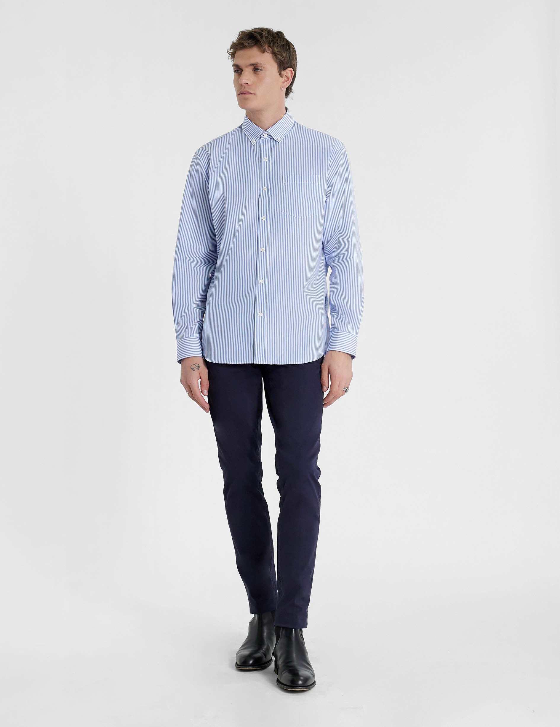 Chemise Classique rayée bleue - Popeline - Col Américain
