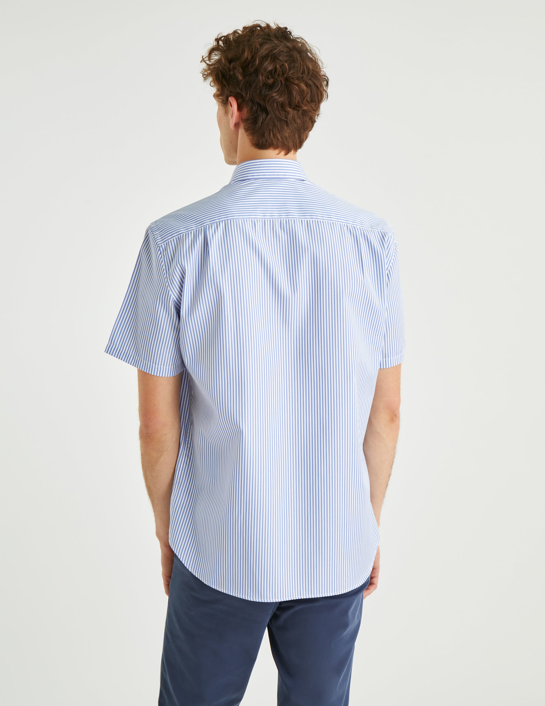 Chemise Classique manches courtes rayée bleue - Popeline - Col Américain