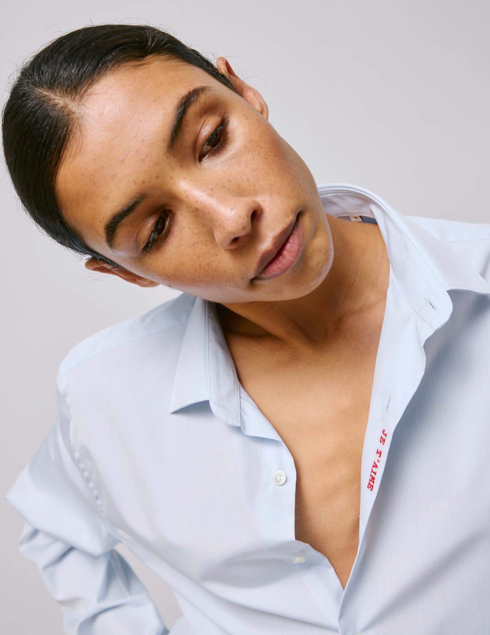 Chemise mixte "Je t'aime" bleue - Popeline - Col Figaret