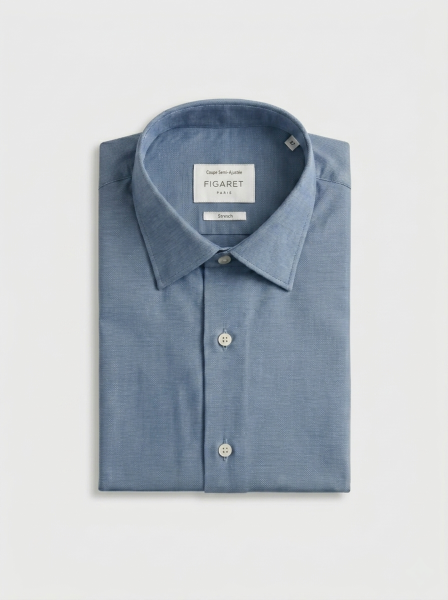 Semi-fitted blue stretch shirt - Poplin - Figaret Collar