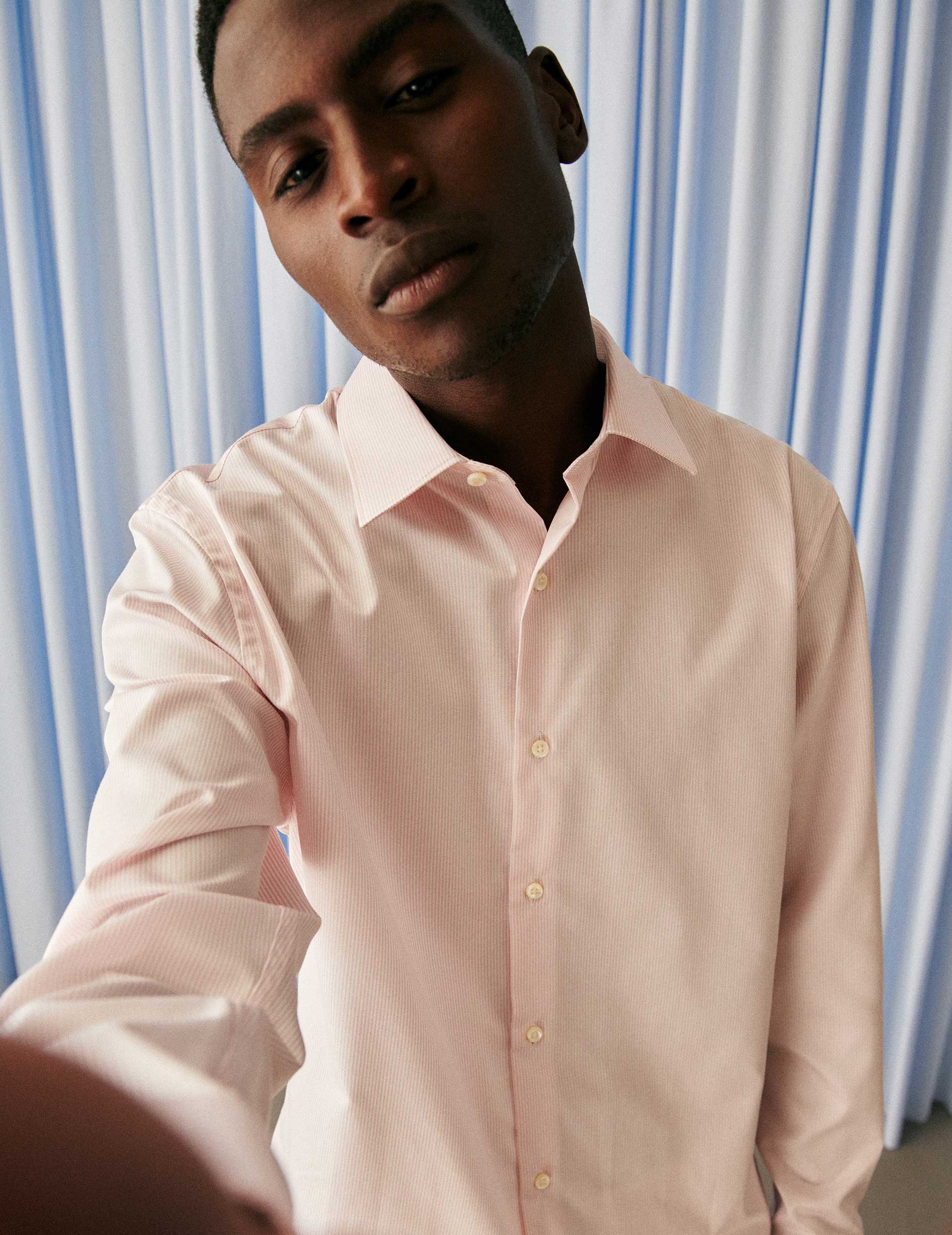 Semi-fitted light pink striped wrinkle-free shirt - Twill - Figaret Collar