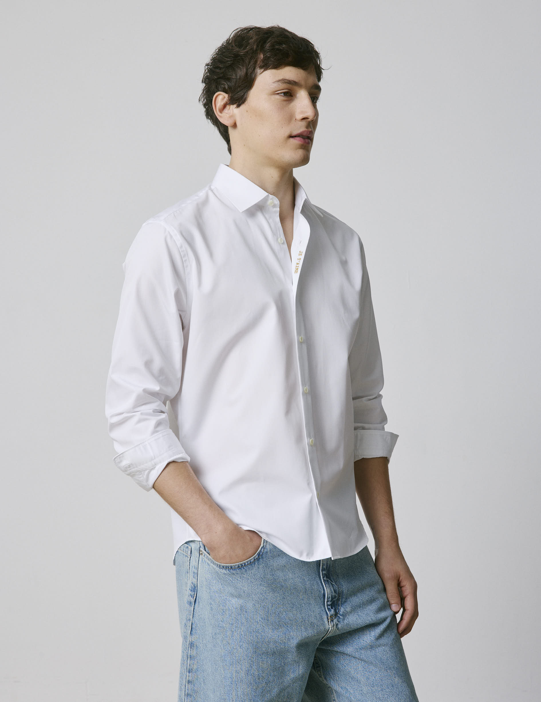 Unisex white "Je t'aime" shirt - Poplin - Figaret Collar