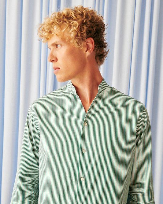 Green striped Carl shirt - Poplin - Open straight  Collar