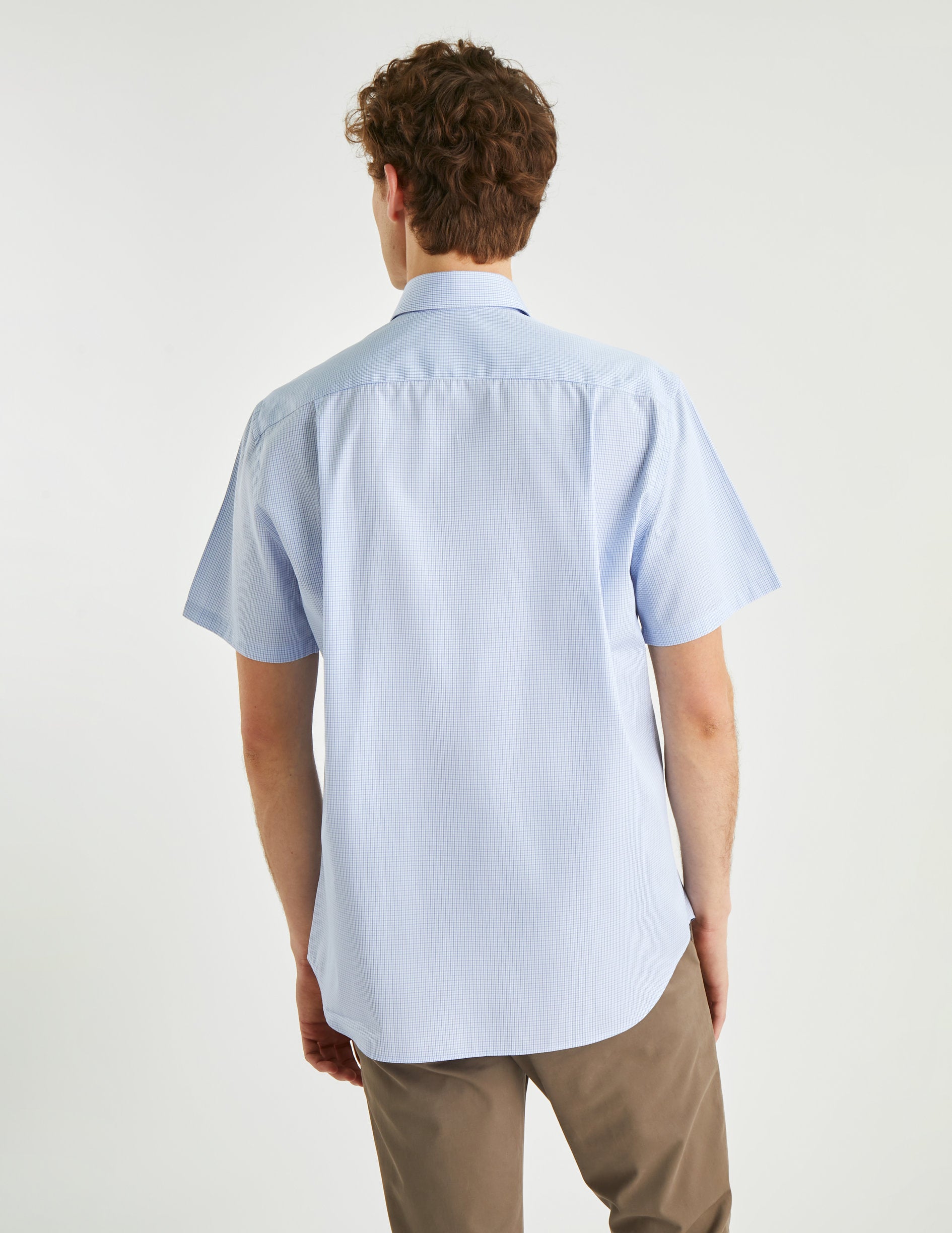 Chemise Classique manches courtes à carreaux bleus - Popeline - Col Américain