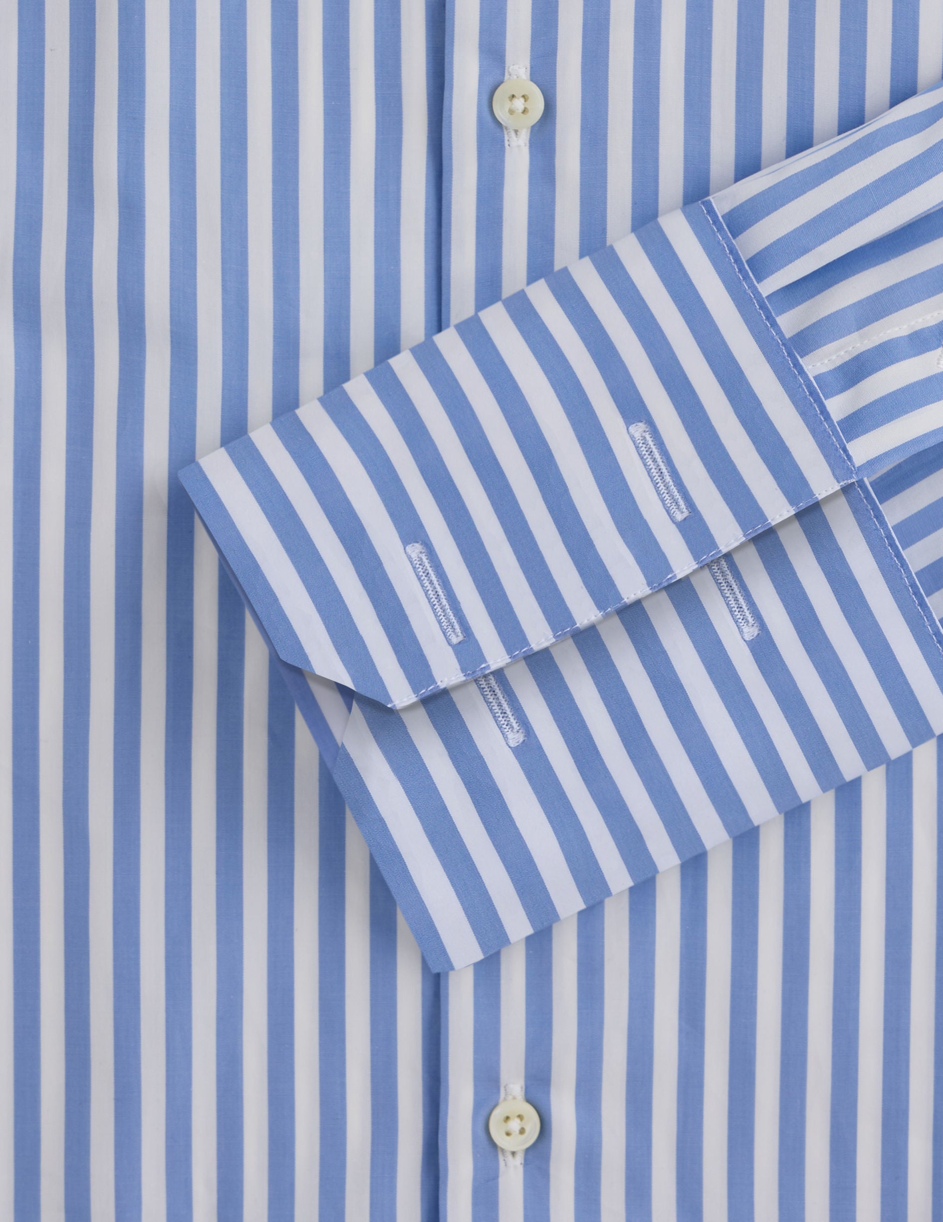 Chemise Semi-ajustée rayée bleue - Popeline - Col Italien - Poignets Mousquetaires