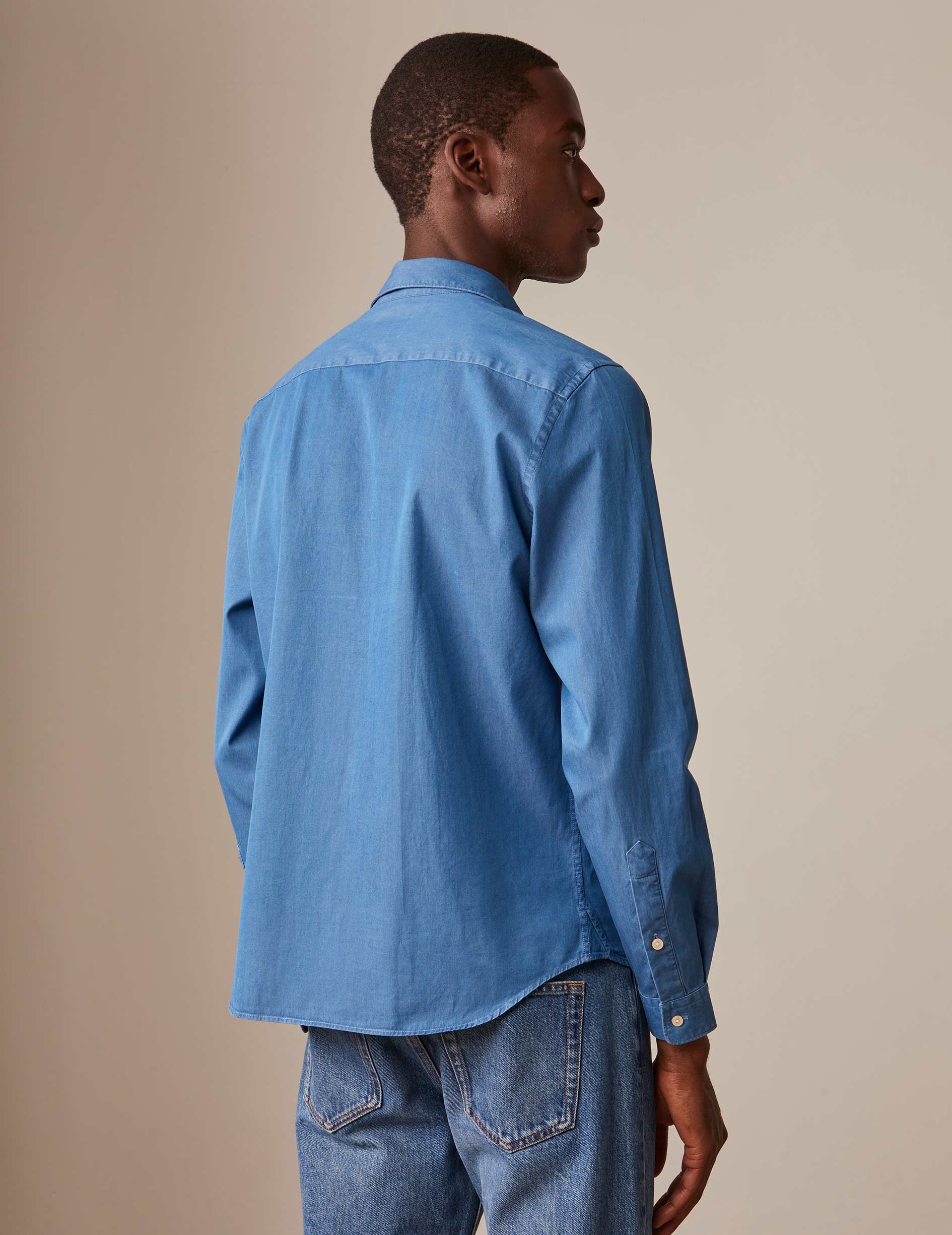 Blue denim "Je t'aime" shirt with blue embroidery - Denim - Figaret Collar